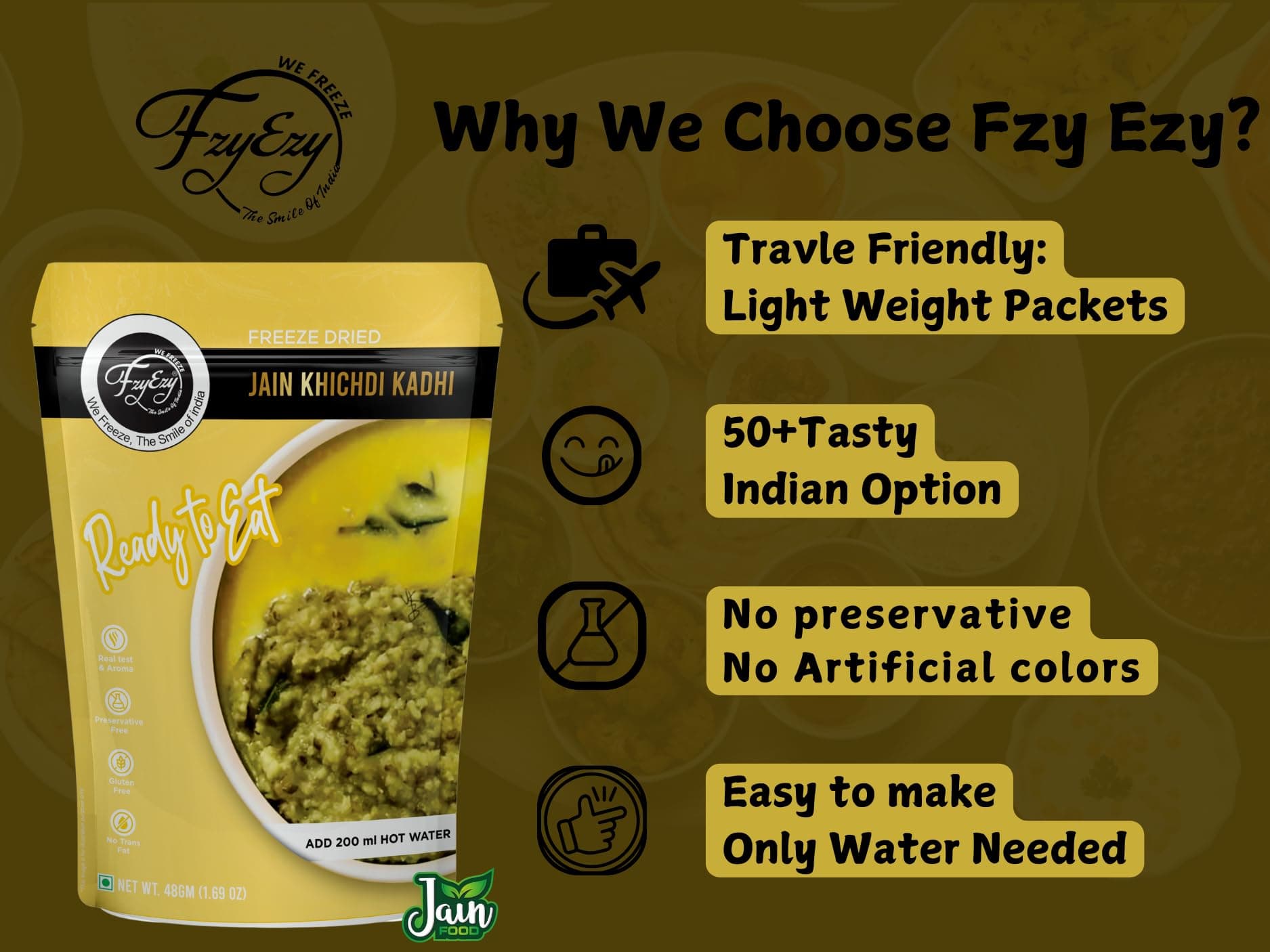 FzyEzy Freeze-Dried Jain Kadhi Khichdi | Instant Ready-to-Eat Meal | Pure Vegetarian | No Onion, No Garlic | Gluten-Free & Preservative-Free | Just Add Hot Water (48g) — image 7