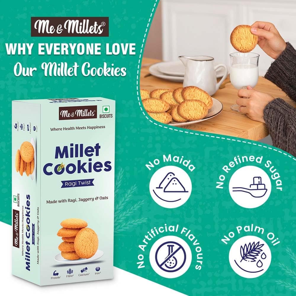 ME & MILLETS Cookies - Ragi Twist (Pack of 3, Each 75g) - Delicious Millets Biscuits, Rich In Protein & Fiber, Healthy Tea Snack (Jain Friendly) — image 8