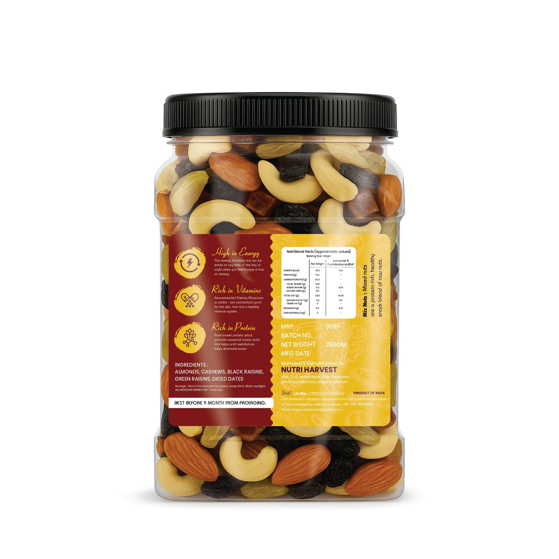 NUTRI HARVEST Premium Dry Fruits Mix pack (Panch Mewa Mix) , Natural Blend of Almonds, Cashews, Black and green Raisins and diced Dates| Fit for Fasting 2*250 (500gram)| (Re-sealable pack for freshness) — image 3