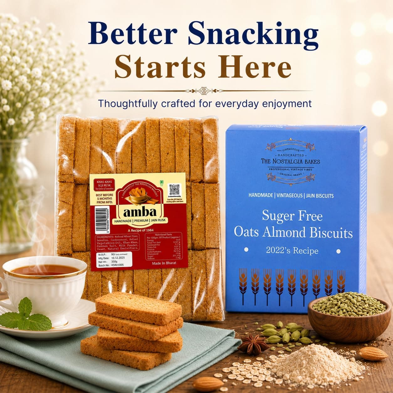 Amba Handmade Premium Jain Suji Rusk & Sugar Free Oats Almond Biscuits Combo Pack | Crispy Tea Time Snacks | Traditional Bakery Style | Healthy Everyday Snacking | 100% Vegetarian — image 3