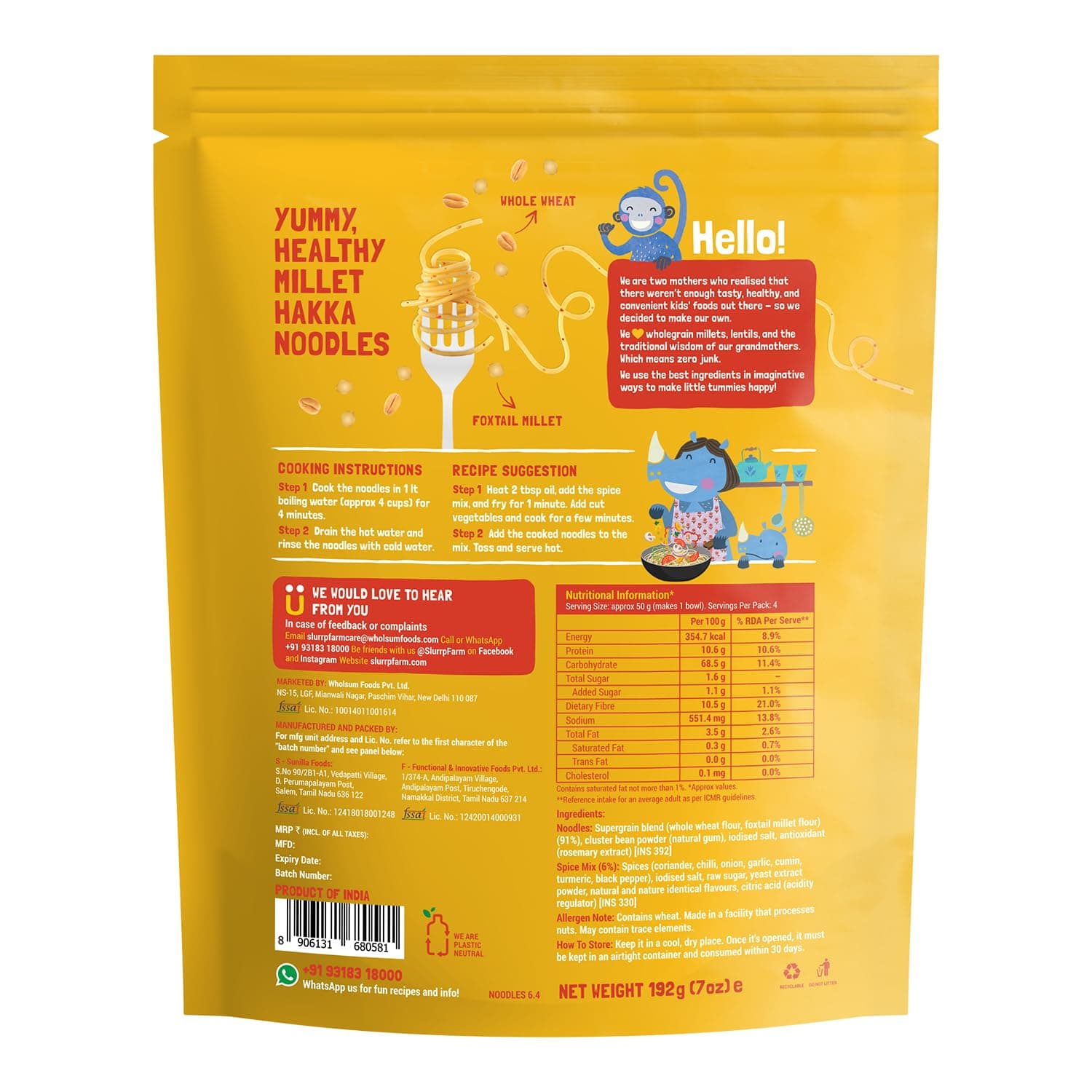 Slurrp Farm No Maida Hakka Noodles Combo, Not Fried, No MSG, Classic, Mild and Curry Masala Millet Noodles, Pack of 3 X 192 g — image 7