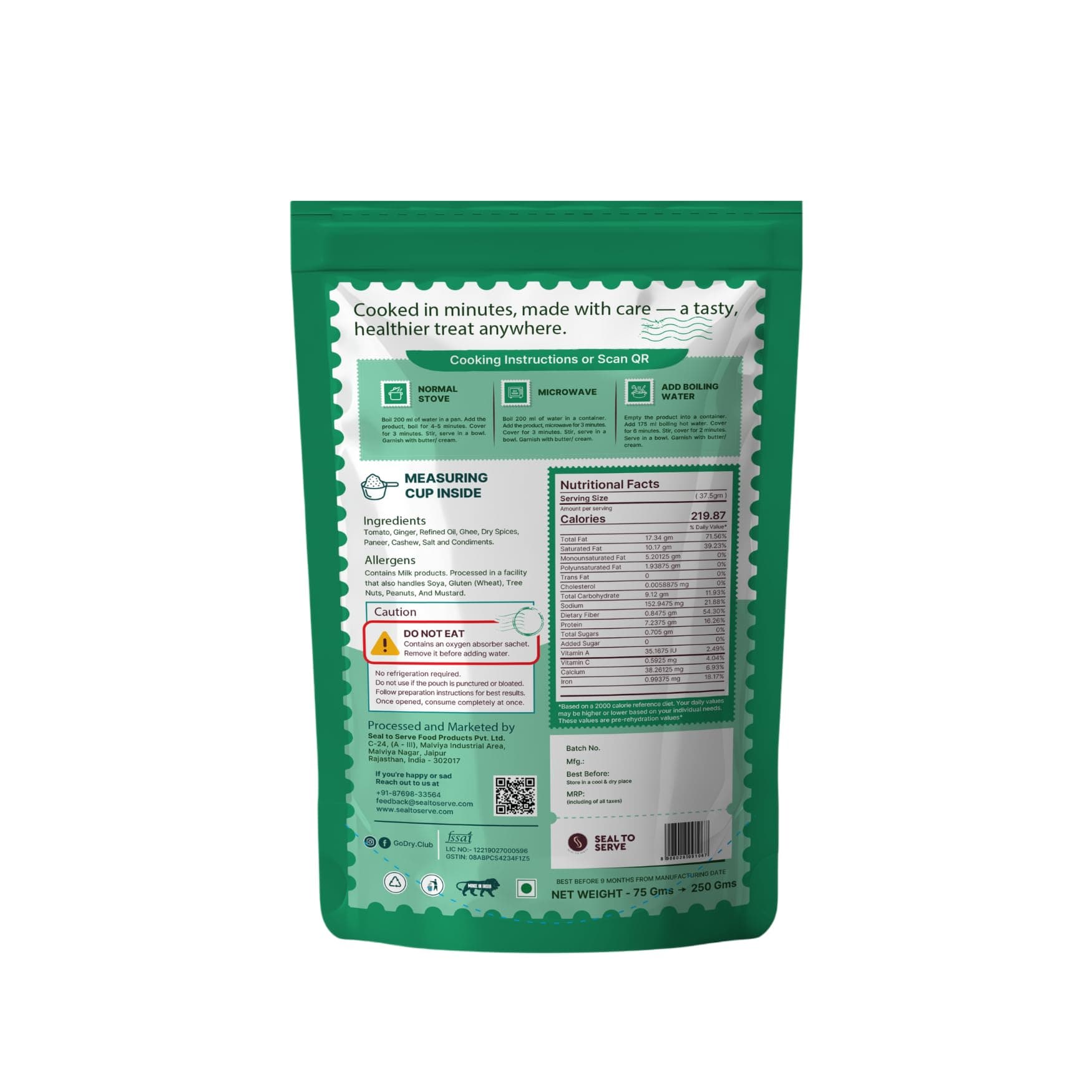 Go!Dry Jain Butter Paneer Masala | Ready to Eat Indian Meal | No Onion No Garlic | No Preservatives & No Palm Oil | 75g — image 2