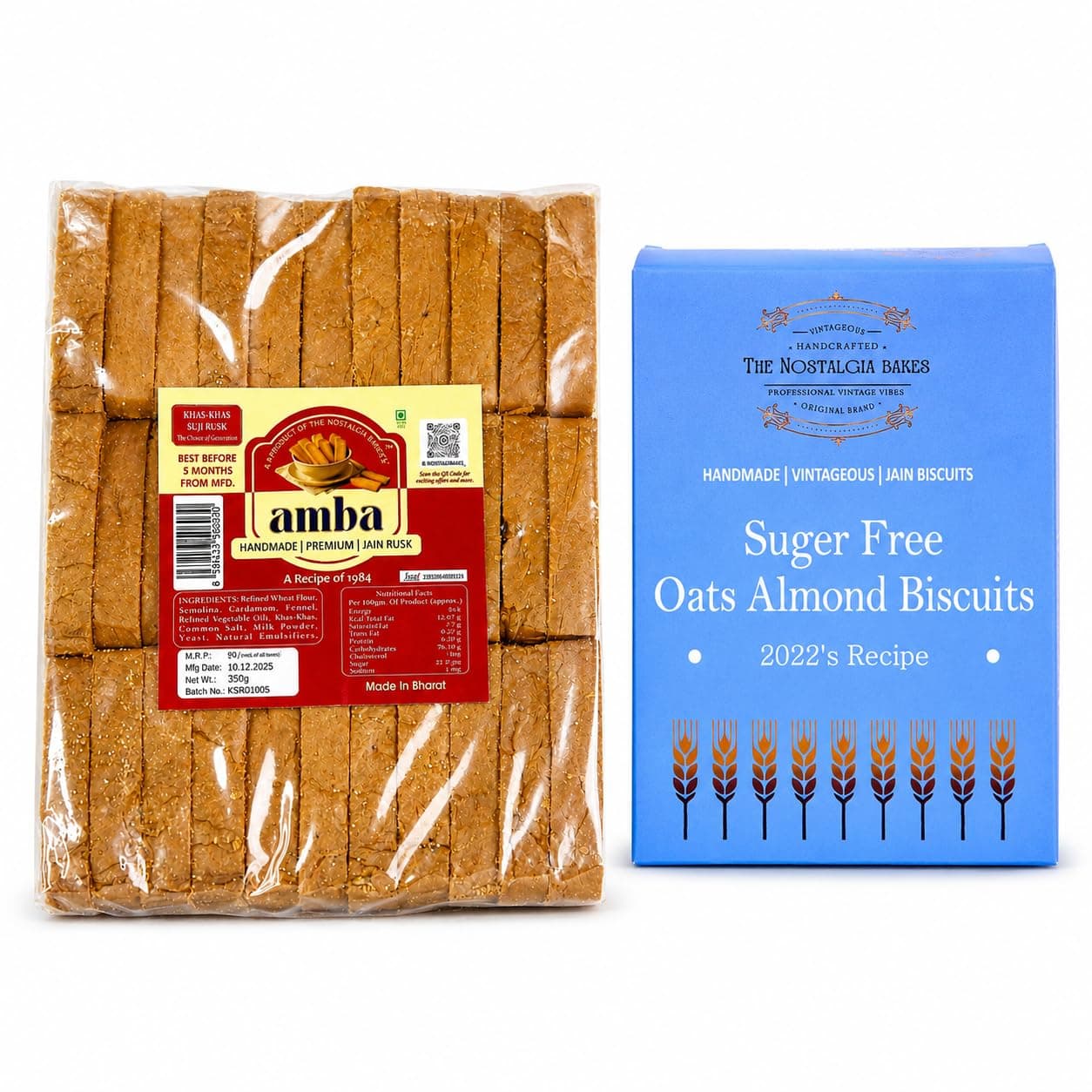 Amba Handmade Premium Jain Suji Rusk & Sugar Free Oats Almond Biscuits Combo Pack | Crispy Tea Time Snacks | Traditional Bakery Style | Healthy Everyday Snacking | 100% Vegetarian — image 2
