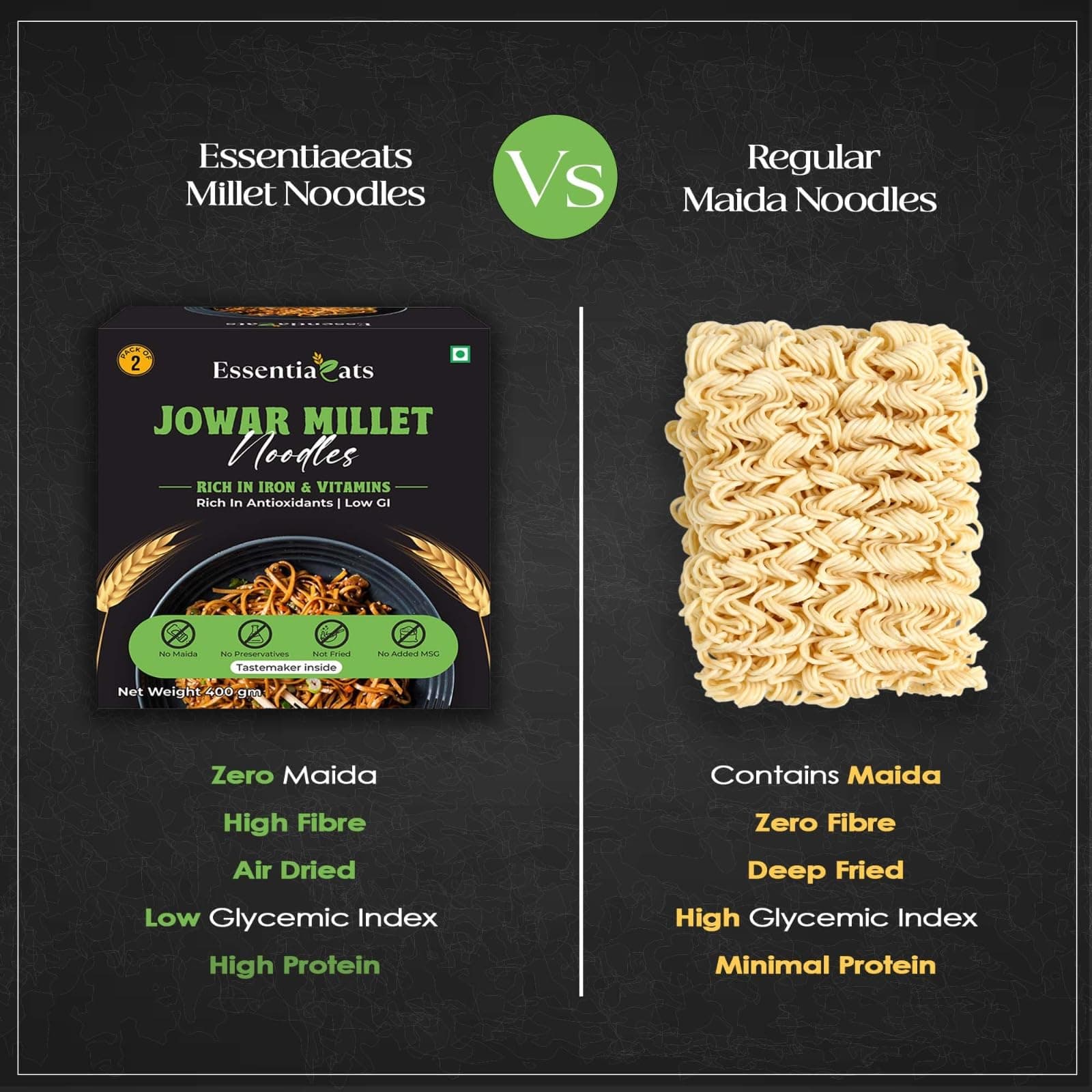 Essentiaeats Jowar Millet Noodles Includes Tastemaker 400g Pack of 2, No Maida Not Fried No Preservatives No MSG Healthy Hakka Noodles Ready to Cook — image 5