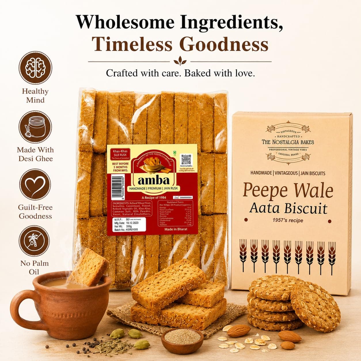 Amba Handmade Jain Khas-Khas Suji Rusk & Peepe Wale Aata Biscuit Combo Pack | Crispy Tea Time Snacks | Made With Desi Ghee | Traditional Bakery Style Biscuits | Premium Vegetarian Snacks — image 3
