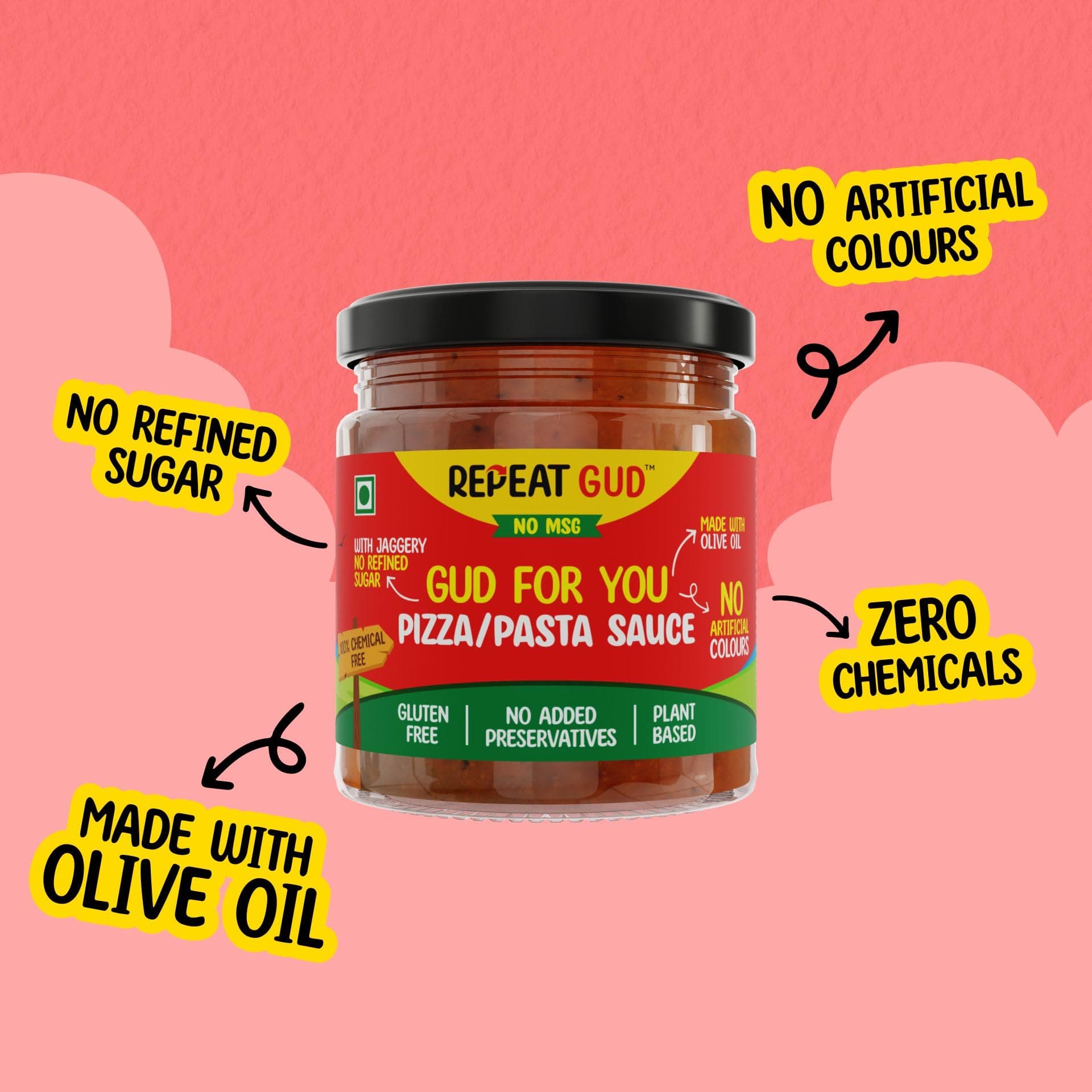 REPEAT GUD Healthy Pizza/Pasta Sauce | 100% Natural Ingredients | No MSG | No GMO | No Refined Sugar, Made With Jaggery | Made With Olive Oil | 100% Chemical & Preservative Free | GUD For Kids | 180 gm — image 3