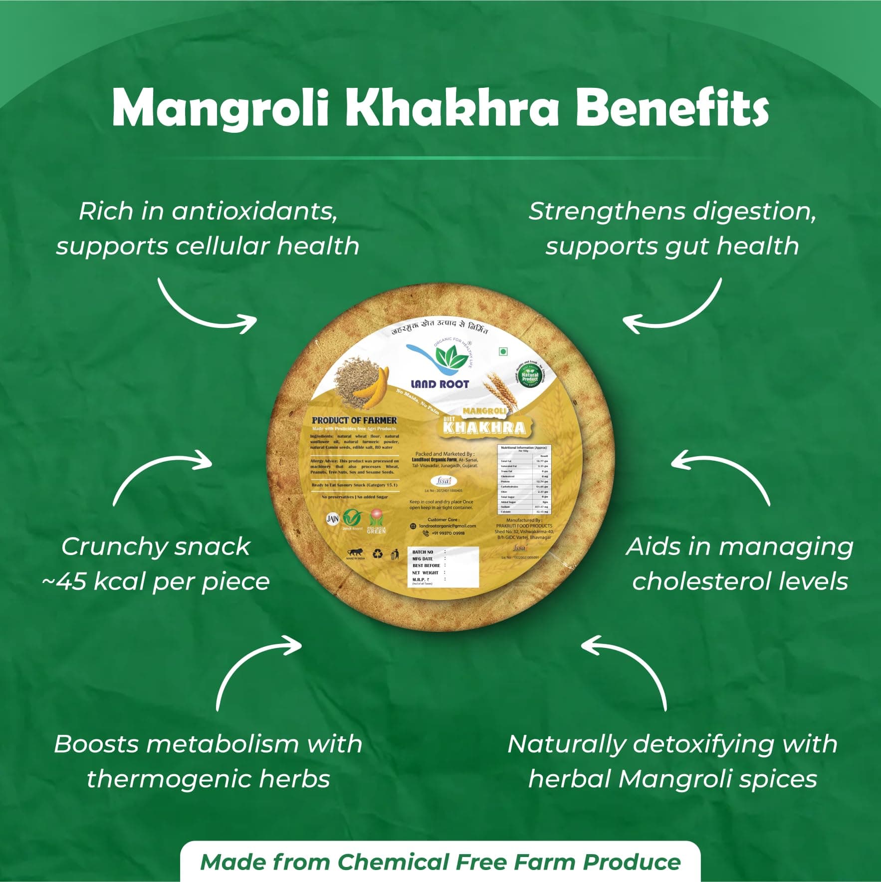 Landroot Organic Assorted Khakhra Pack | 4 Varieties (Methi, Ginger Chilli, Mangroli) | Zero Maida | Vegan & Jain Friendly | High Fiber Healthy Snack | 180g x 3 Packs — image 6