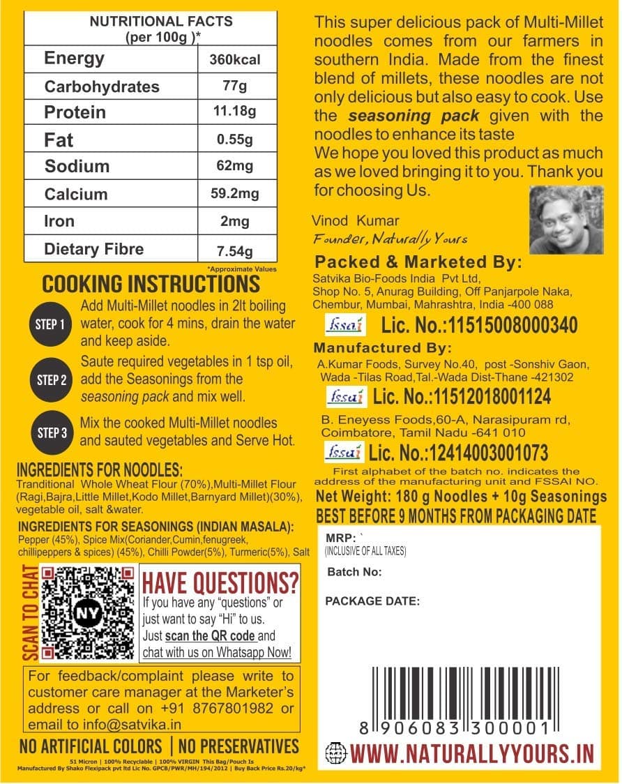 Naturally Yours Multi Millet Hakka Noodles | 6 Supergrains – Ragi, Bajra, Little, Kodo & Barnyard Millet with Whole Wheat | No Maida, Non-Fried, Vegan, Jain Friendly | Tastemaker Inside | 180g Pack — image 3