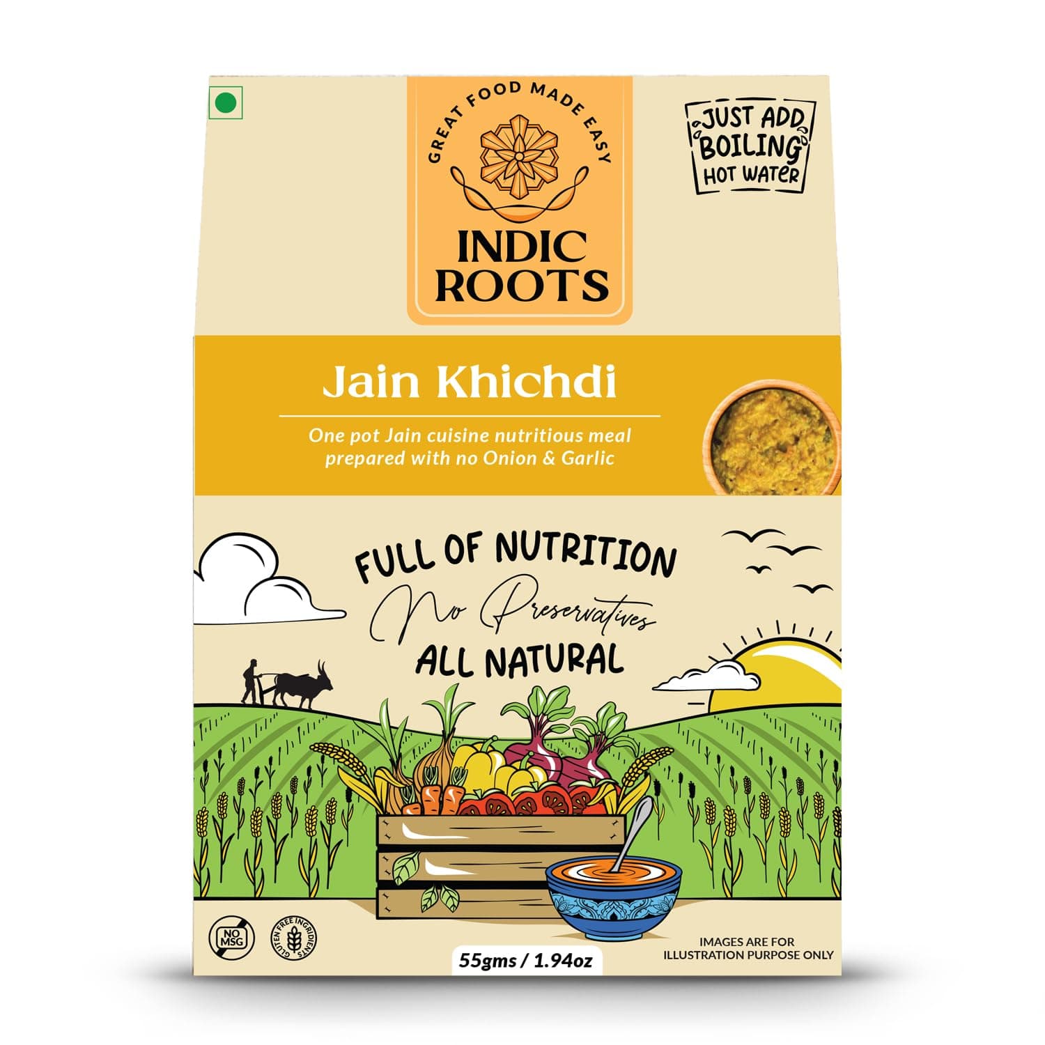 Indic Roots Jain Khichdi |Instant Ready to Eat Full Meal |No Preservatives, All Natural, Packed Food with no Onion Garlic |Gluten Free MRE Food - 55 gm (Pack of 1)