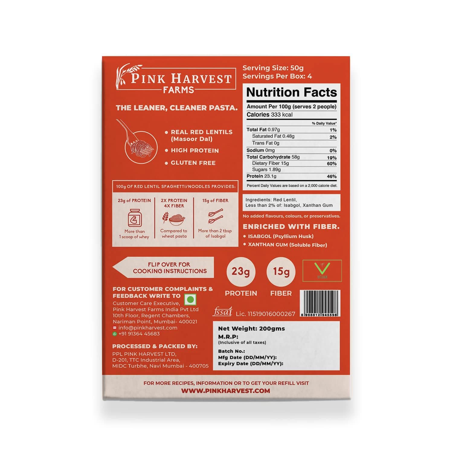 Pink Harvest Farms Red Lentil Spaghetti Noodles | No Rice - No Maida | Vegan | Gluten Free | High Protein | 200gm Pack — image 3
