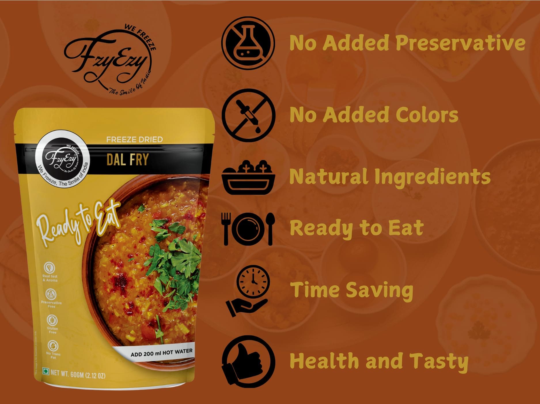 Jain Dal Fry | Freeze-Dried | 100% Natural Ready to Eat Meal | Authentic Indian Taste | Preservative-Free, Gluten-Free & No Trans Fat | Instant Meal – Add 200ml Hot Water | 60gm Pack — image 6
