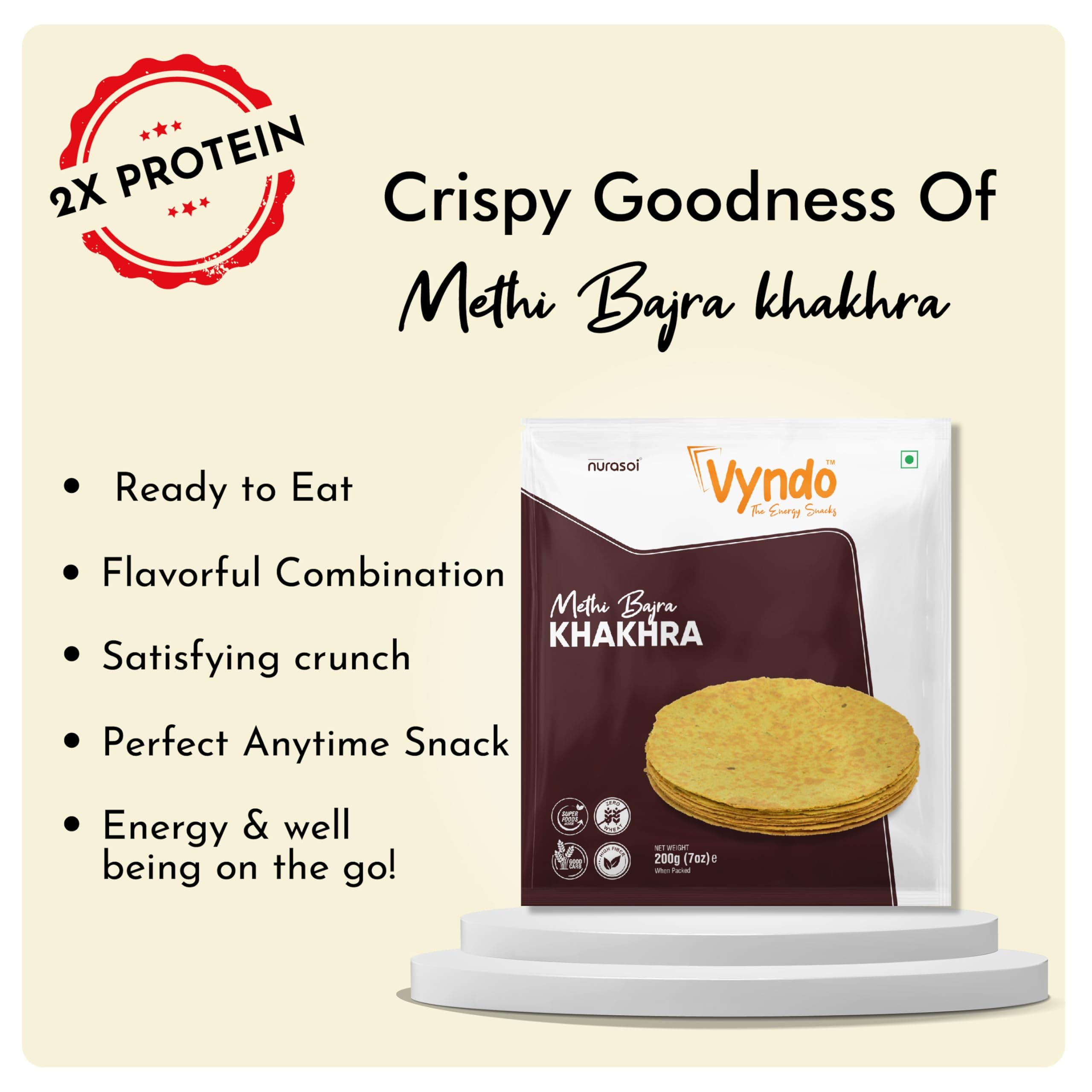 Vyndo Methi Bajra Khakhra Pack of 3 (200g Each) | Millet-Based, High Protein & Fiber | Gluten-Free, No Palm Oil | Anytime Snacks for Kids & Adults. — image 3