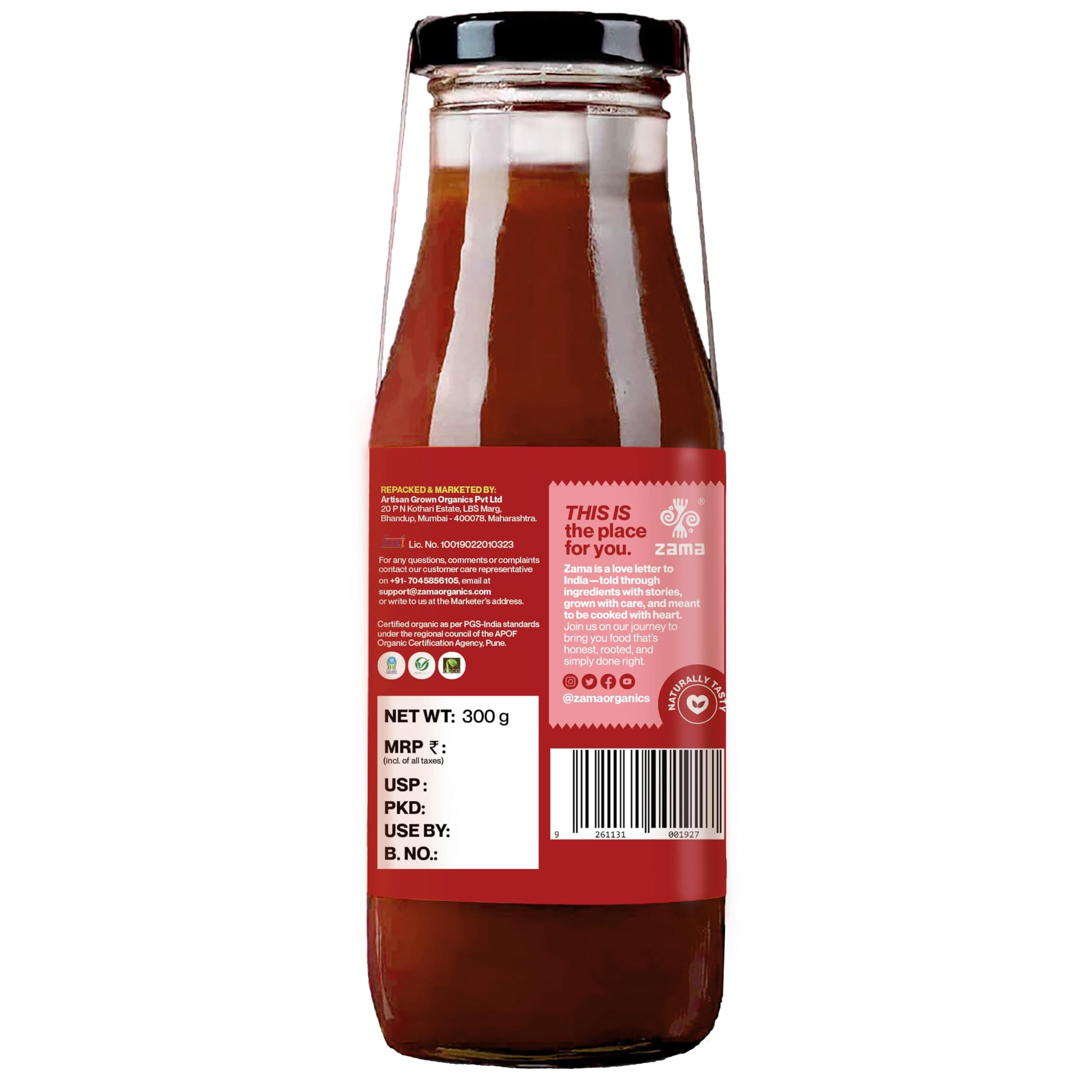 Zama Organic Jain Tomato Ketchup 300g Pack of 2 Glass Bottles | No Onion No Garlic Tomato Sauce | Made from Real Tomatoes, Tangy Rich Taste | No Preservatives, Traditionally Produced | For Snacks & Meals — image 4