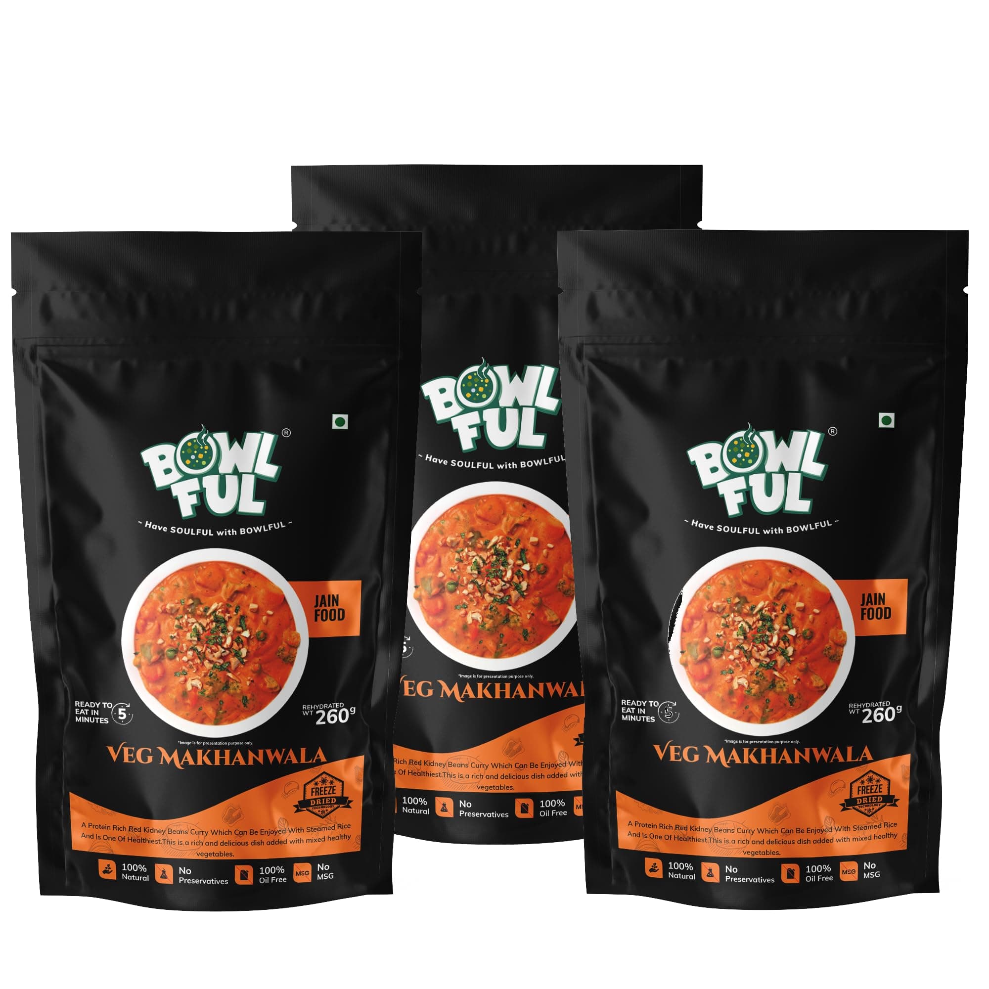 Bowlful Jain Veg Makhanwala, 60 gms, Mildly Spicy Red Gravy with Mixed Vegetables | Pure Natural, Freeze Dried Food (Pack of 3) — image 2