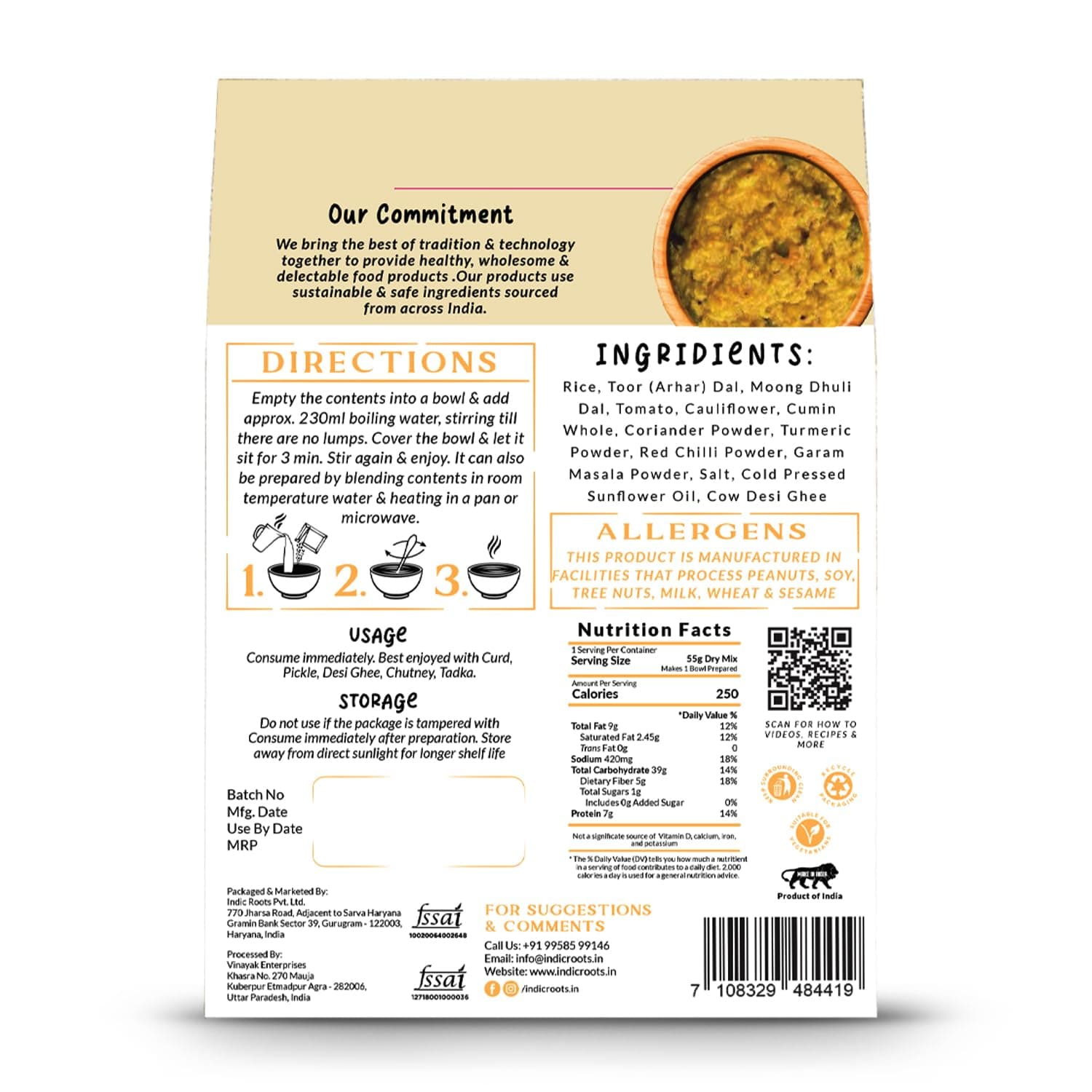 Indic Roots Jain Khichdi |Instant Ready to Eat Full Meal |No Preservatives, All Natural, Packed Food with no Onion Garlic |Gluten Free MRE Food - 55 gm (Pack of 1) — image 2