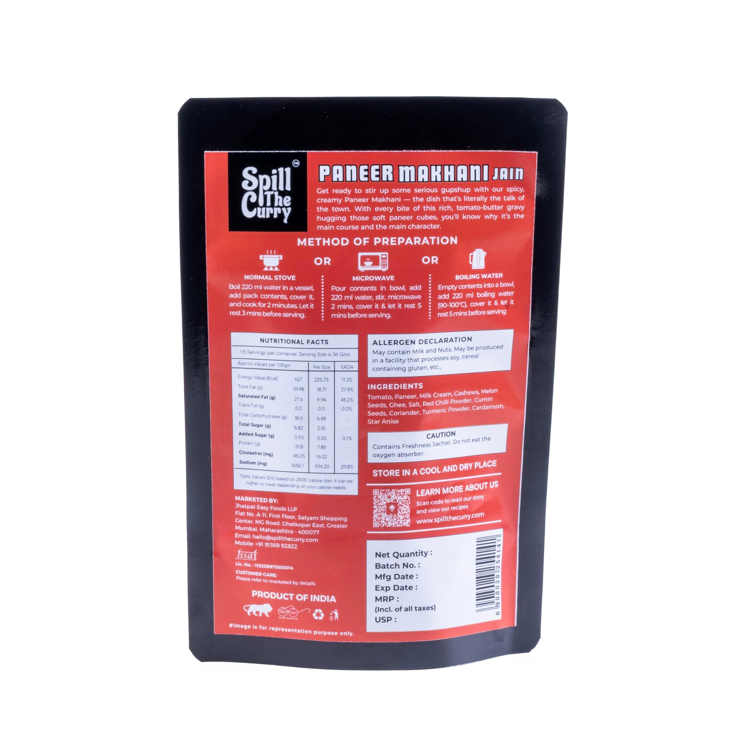 SPILL THE CURRY Paneer Makhani Jain Ready to Eat | No Onion No Garlic | Authentic Punjabi Paneer in Tomato Butter Gravy | Freeze Dried Instant Food | Just Add Hot Water | Vegetarian Meal for Travel & Hostels | Pack of 1 (70g) — image 4