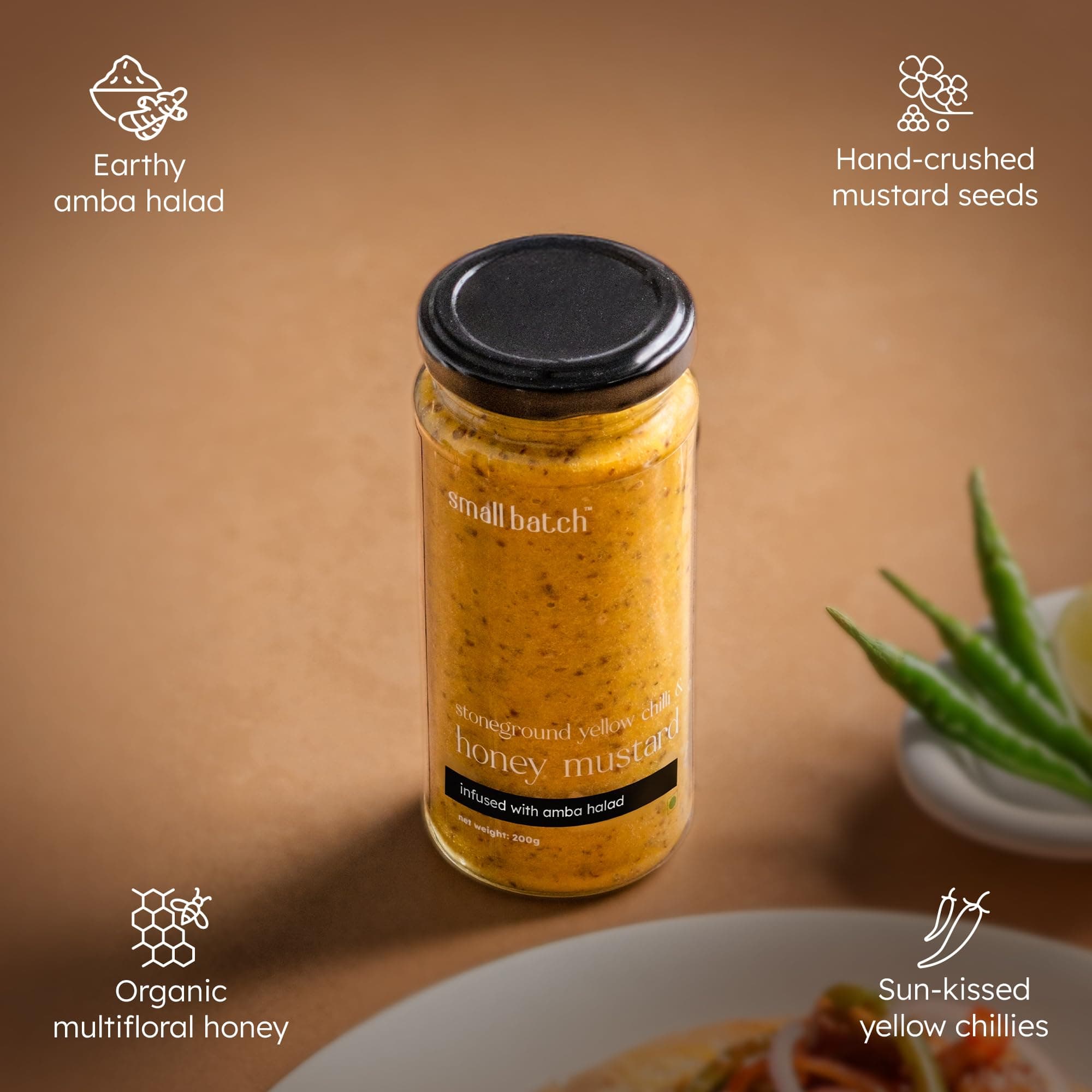 SMALLBATCH Stone Ground Yellow Chilli & Honey Mustard, Authentic Mustard Seeds, Gourmet Condiment, Sauce, Spread, Dip, Salad Dressing, No Preservatives, Pure Veg - 200g — image 7