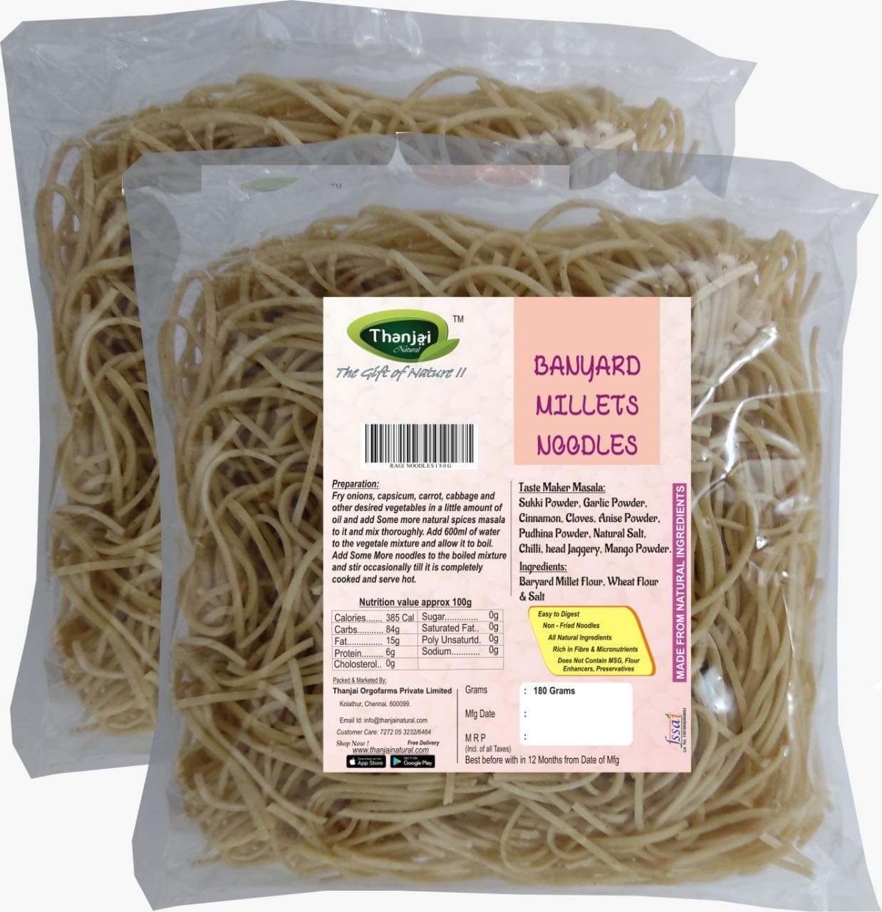 Thanjai Natural Barnyard Millet Noodles 180 Grams X 2 (360 Grams) Of Homemade Natural Millet Noodles(No Preservatives, No Chemicals, No Artificial Extract), Vegetarian — image 2