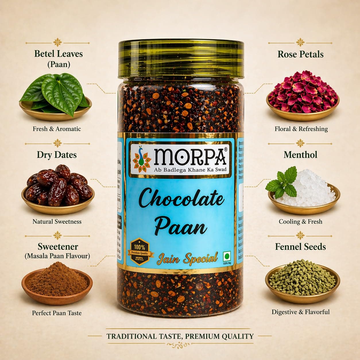 MORPA Meetha Paan Mix Mouth Freshener Premium Saunf Sugar Coated Seeds and Dry Fruit Blend Refreshing After Meal Mukhwas Long Lasting Freshness 100% Veg — image 4