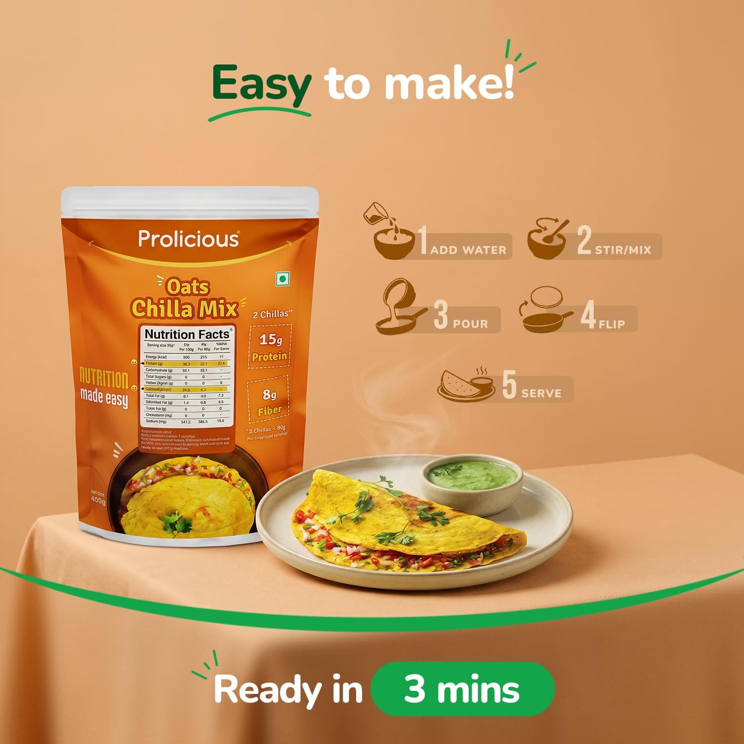 "Prolicious Oats Chilla Mix | Upgrade Your Breakfast | 15g Protein + 6g Fibre Per Serving | High Protein & Fibre Instant Breakfast, Ready in 3 Min | Tasty & Healthy Masala Breakfast | Oats, Moong & Peanut Flour | For the Whole Family | 400g — image 5