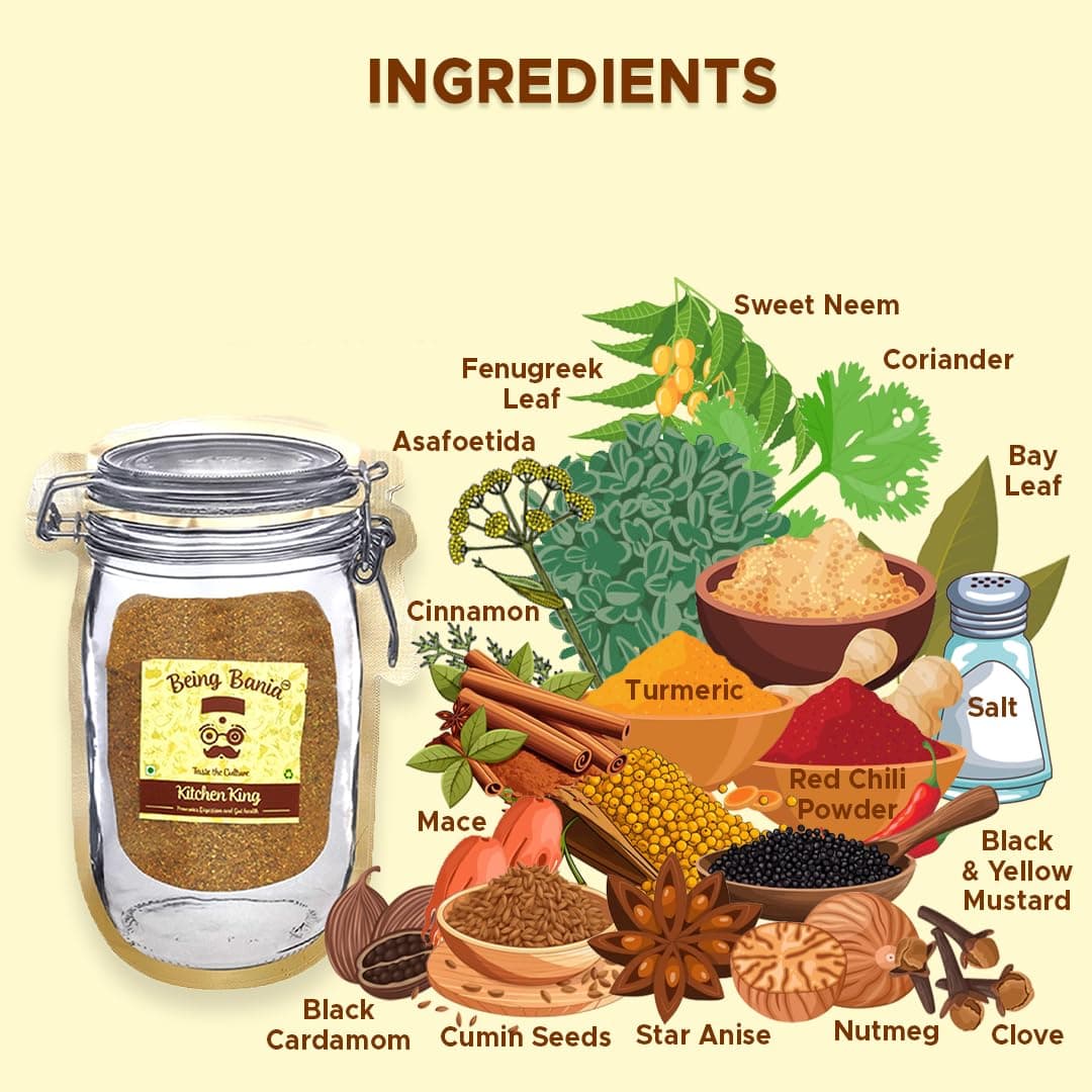 Being Bania Kitchen King Masala Pouch, 100 Gms | 100% Natural |natural Jain Masala No garlic or onion | | No Added Flavors or Preservative | For Healthy Routine | Promote Digestion & Gut Health | Exotic Indian Spices | Indian Masala — image 2