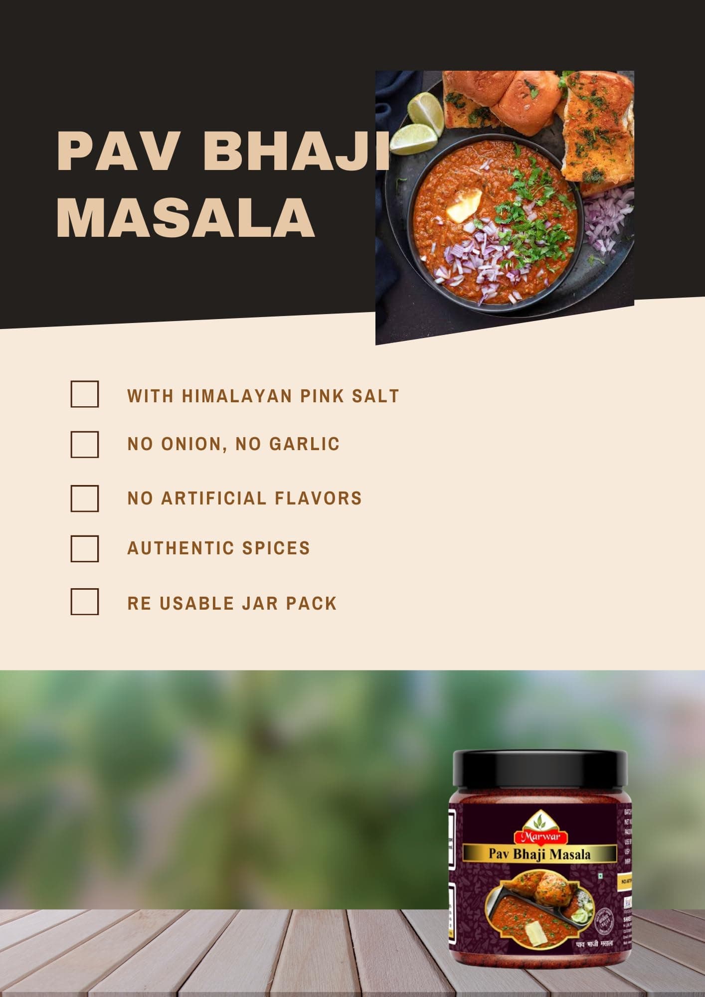 Marwar Special Pav Bhaji Masala Powder with Natural Oils - 200g, Blended Spice for Authentic Taste and Colour, For Healthy Delicious & Flavourful Cooking, No Garlic & Onion Used (Re-usable Jar Pack) — image 3