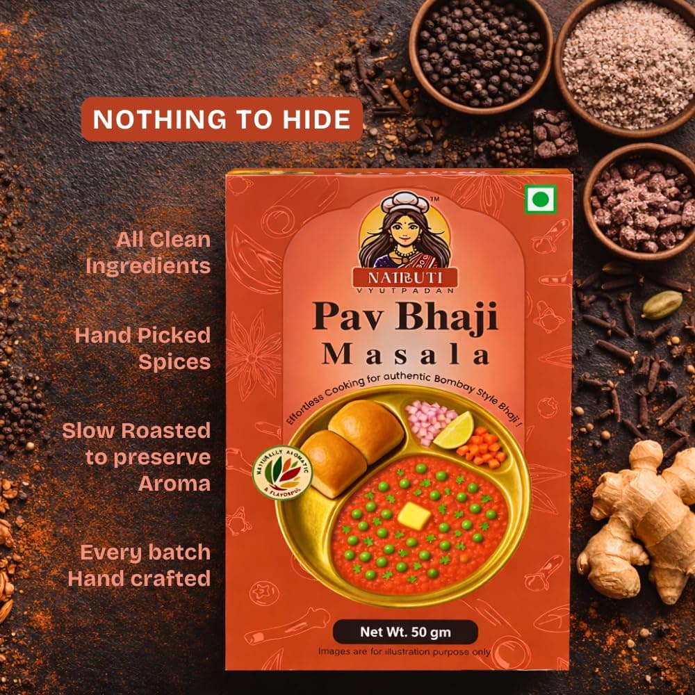 Nairuti Vyutpadan PavBhaji Masala (Jain Friendly) 50g | No Onion No Garlic | Mumbai Street Style Pav Bhaji Spice Mix | Rich Aroma | No Preservatives | Premium Blend — image 3