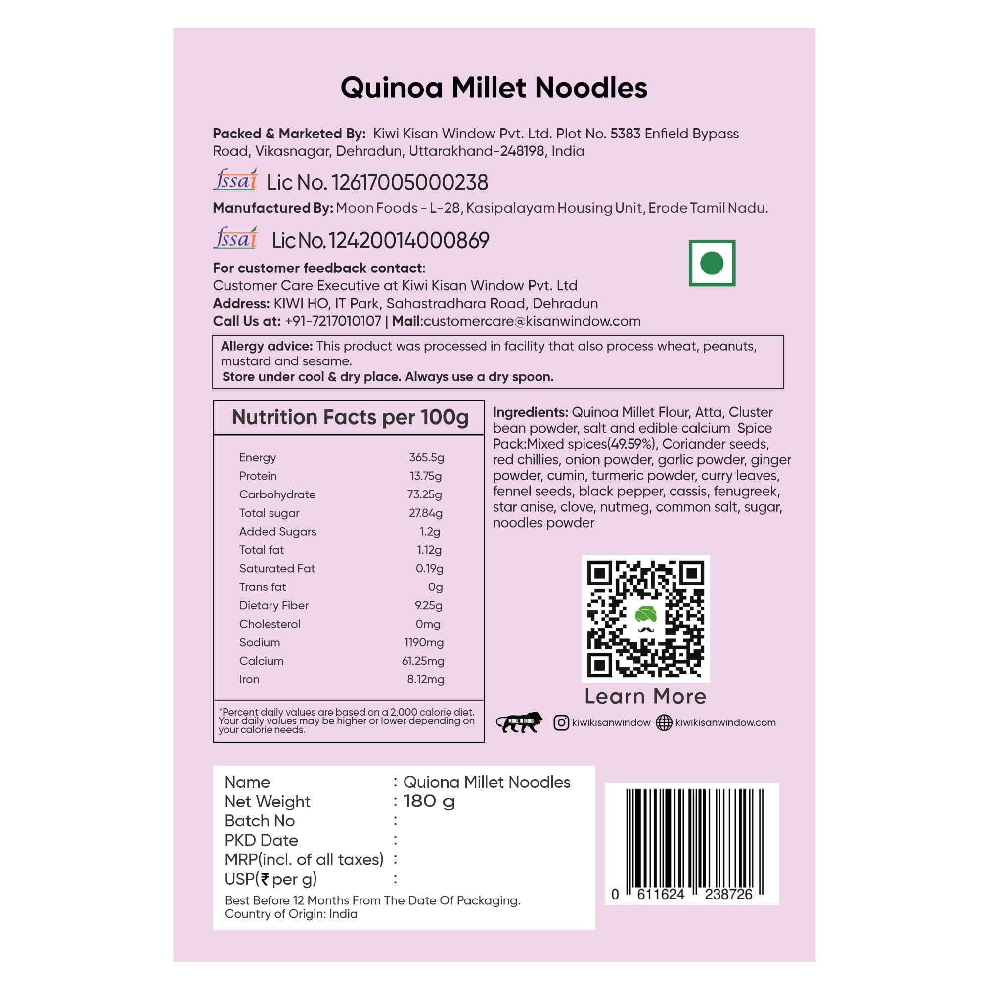 Kiwi Kisan Window Quinoa Millet Noodle, 180g | No Maida, No MSG | Instant Cooking | High Protein & Fibre | Wholesome & Tasty — image 3