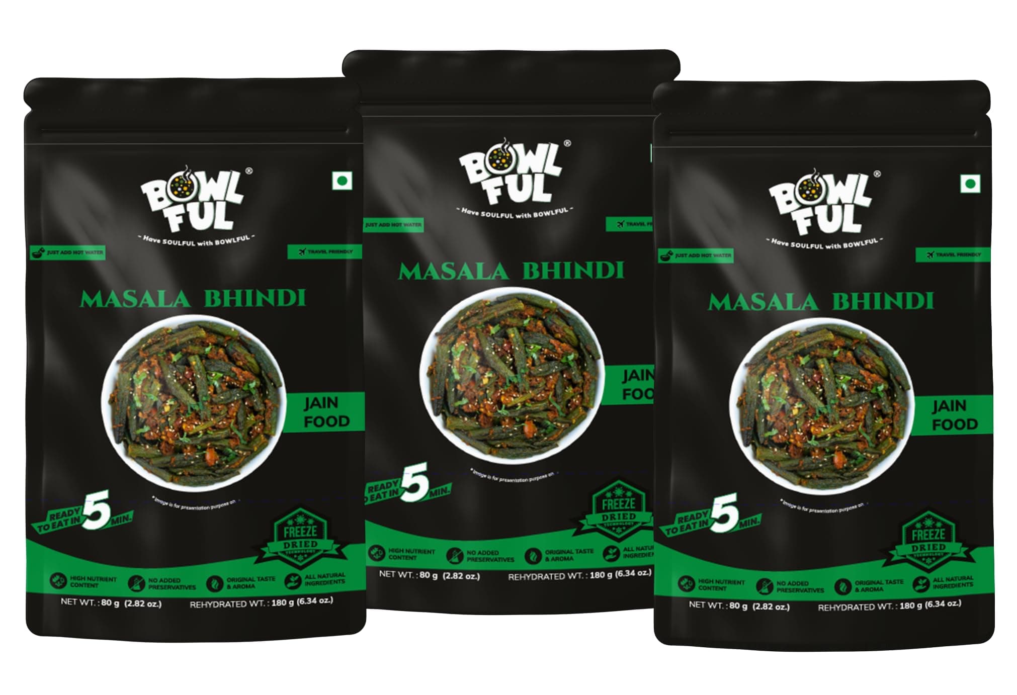 Bowlful Jain Masala Bhindi | Natural Ingredients | Ready-to-Eat Meal | Spiced Okra Curry Made Without Onion & Garlic | 80g Net Weight (180g After Rehydration) | Pack of 3 | No Added Preservatives & Colours | Microwaveable — image 2