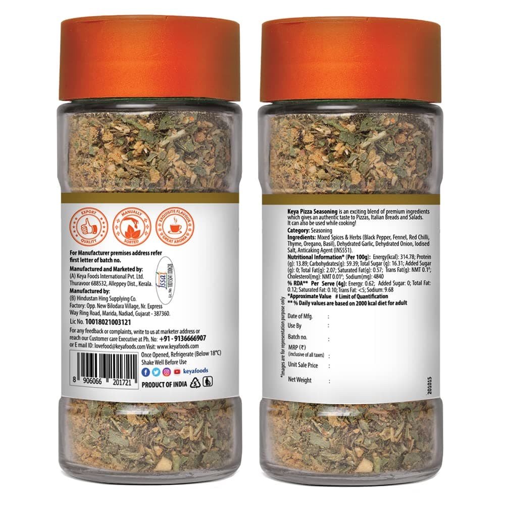 Keya Pizza Seasoning | All Natural & Healthy Spice Blend for Pizza, Pasta & More | Glass Bottle | Premium Herbs and Spices | Contains Freeze dried herbs| Export Quality | No Preservatives | The rich aroma that lasts | 45g — image 4