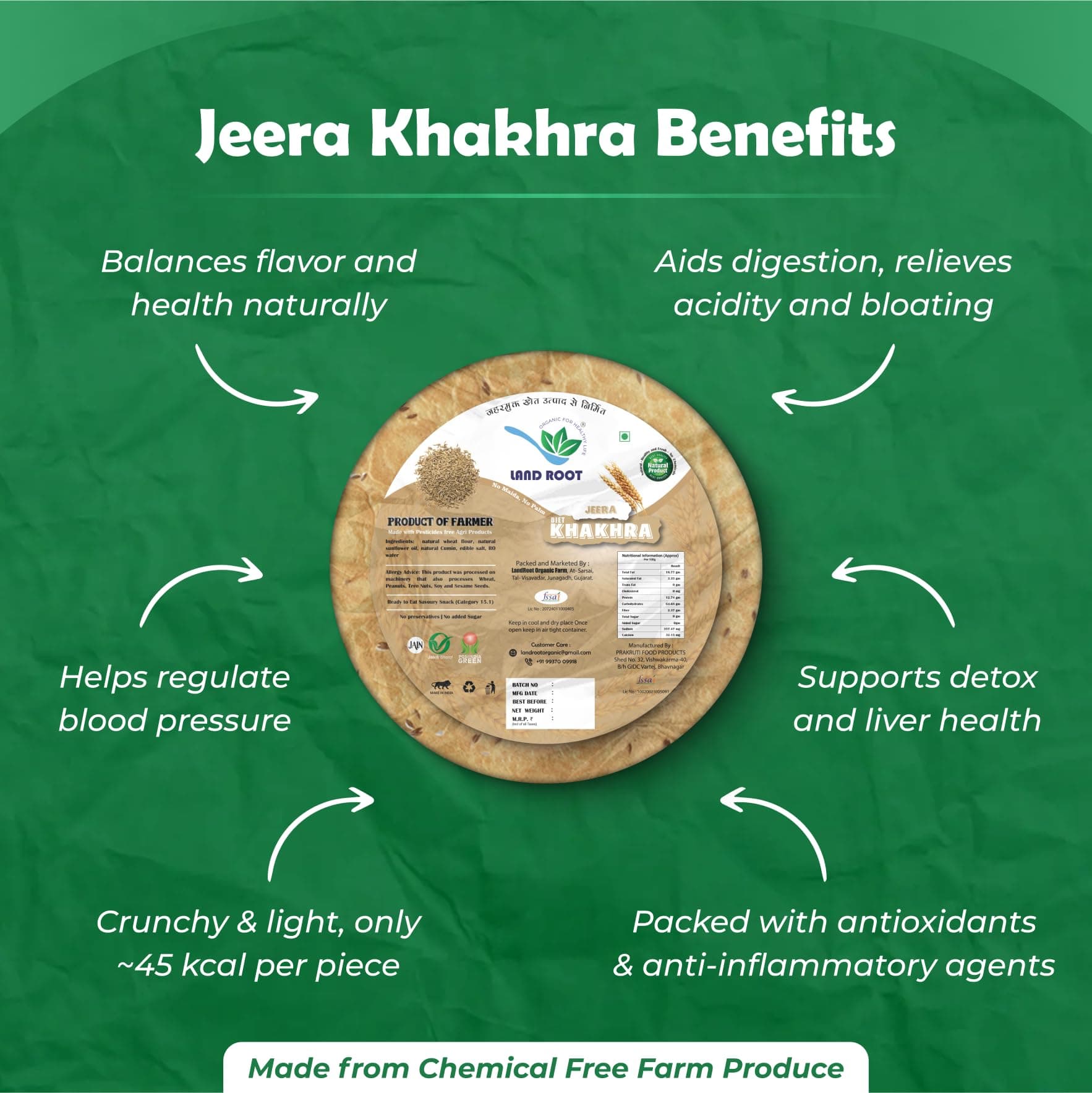Land Root Organic Assorted Khakhra Pack | 3 Varieties (Methi, Jeera, Ginger Chilli) | Zero Maida | Vegan & Jain Friendly | High Fiber Healthy Snack | 180g x 3 Packs — image 4