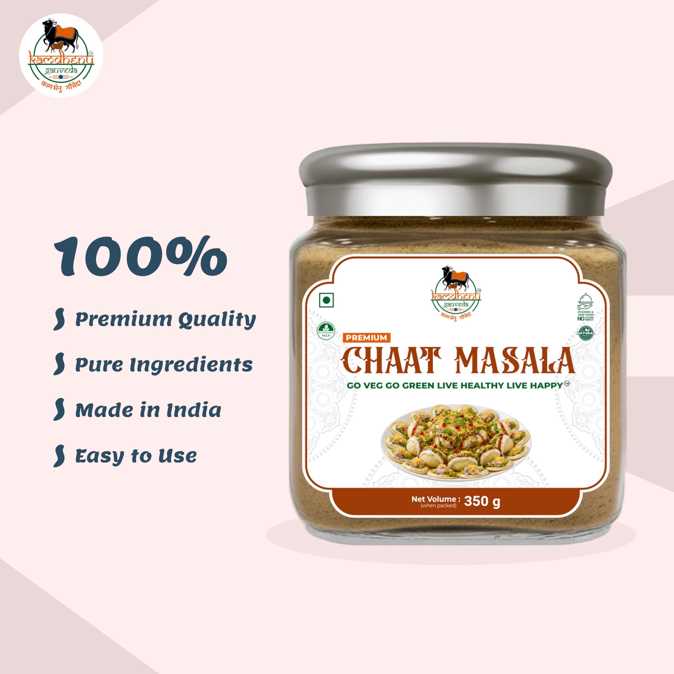 Satvik Sanatani Swaminarayan Jain Vegan Chatpata Chaat Masala 350g | Cumin, Coriander, Pudina, Pink & Black Salt | No Onion No Garlic | No Preservatives | FSSAI Certified | Glass Jar with Steel Cap — image 7