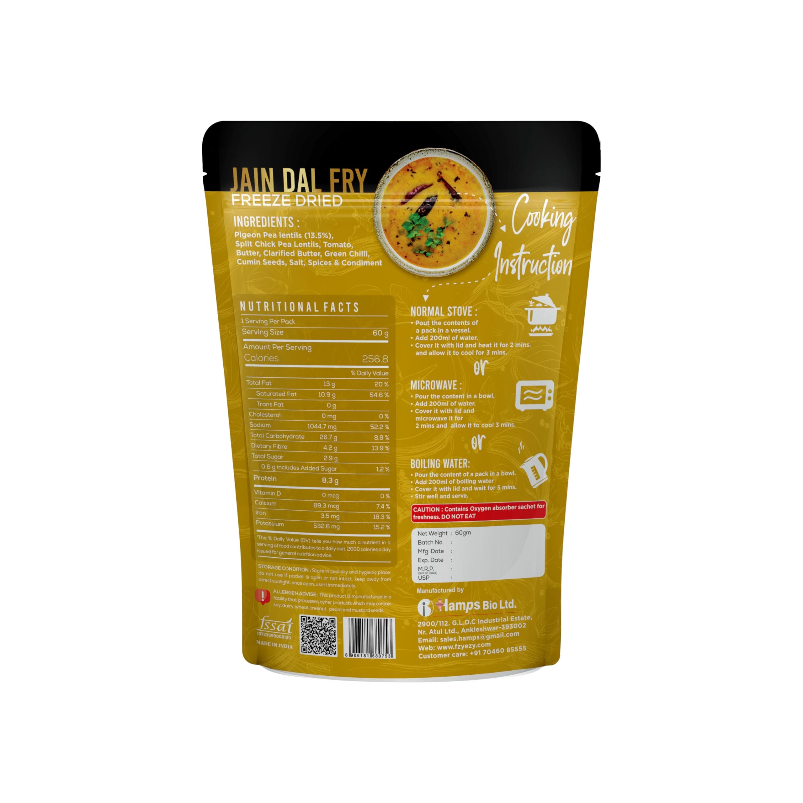 FzyEzy Freeze-Dried Jain Dal Fry – 60g | Authentic Jain Indian Meal | No Onion, No Garlic | Instant & Ready-to-Eat | Gluten-Free | Preservative-Free | Wholesome & Flavorful Jain dish — image 2