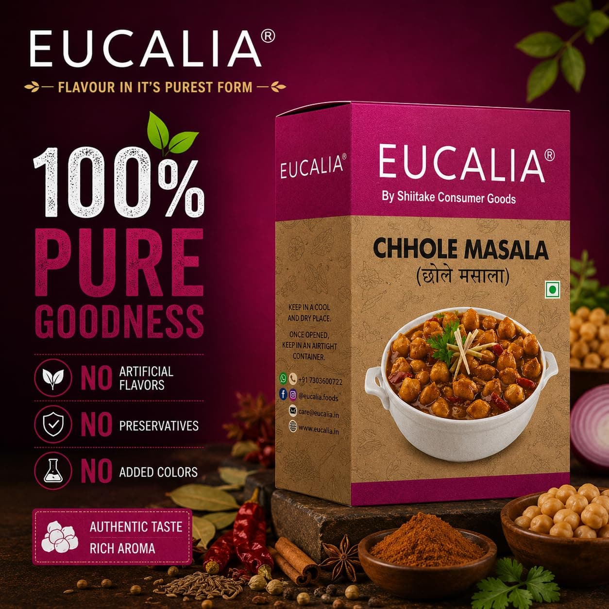 EUCALIA Chhole Masala Pack of 3 (100g) | Perfect for Chickpea Dishes | Tangy, Spicy & Aromatic Authentic Spice Blend for Chole, Chana Masala & Curries | No Preservatives | Sattvik No Onion No Garlic (NONG) — image 4