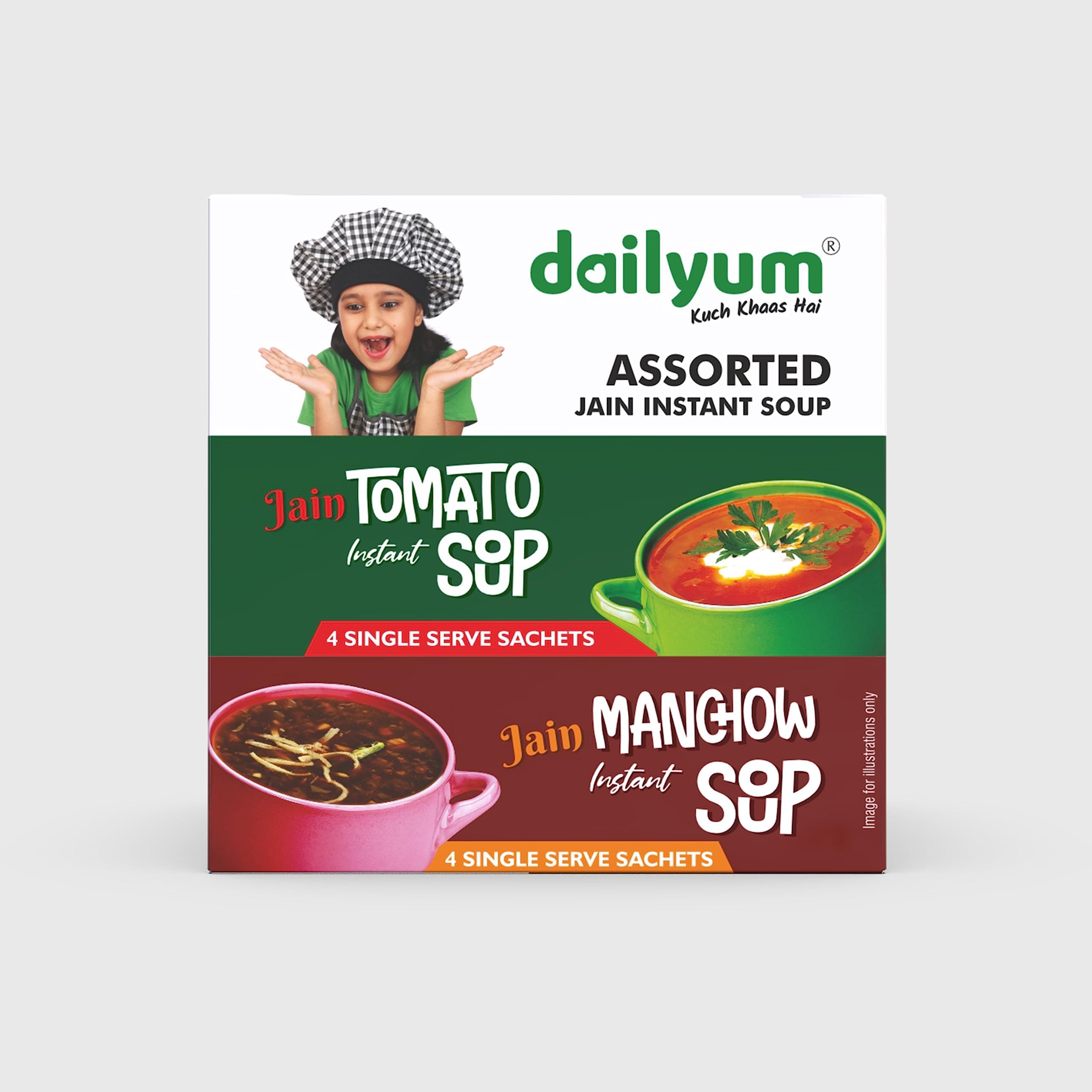 Dailyum Jain Instant Assorted Soup|Tomato and Manchow Soup| 8 Single Serve Sachets,4 Each | Just Boil-Stir-Sip | 12g Each Sip-A-Soup| Natural | No MSG | Pack of 2 Box — image 4