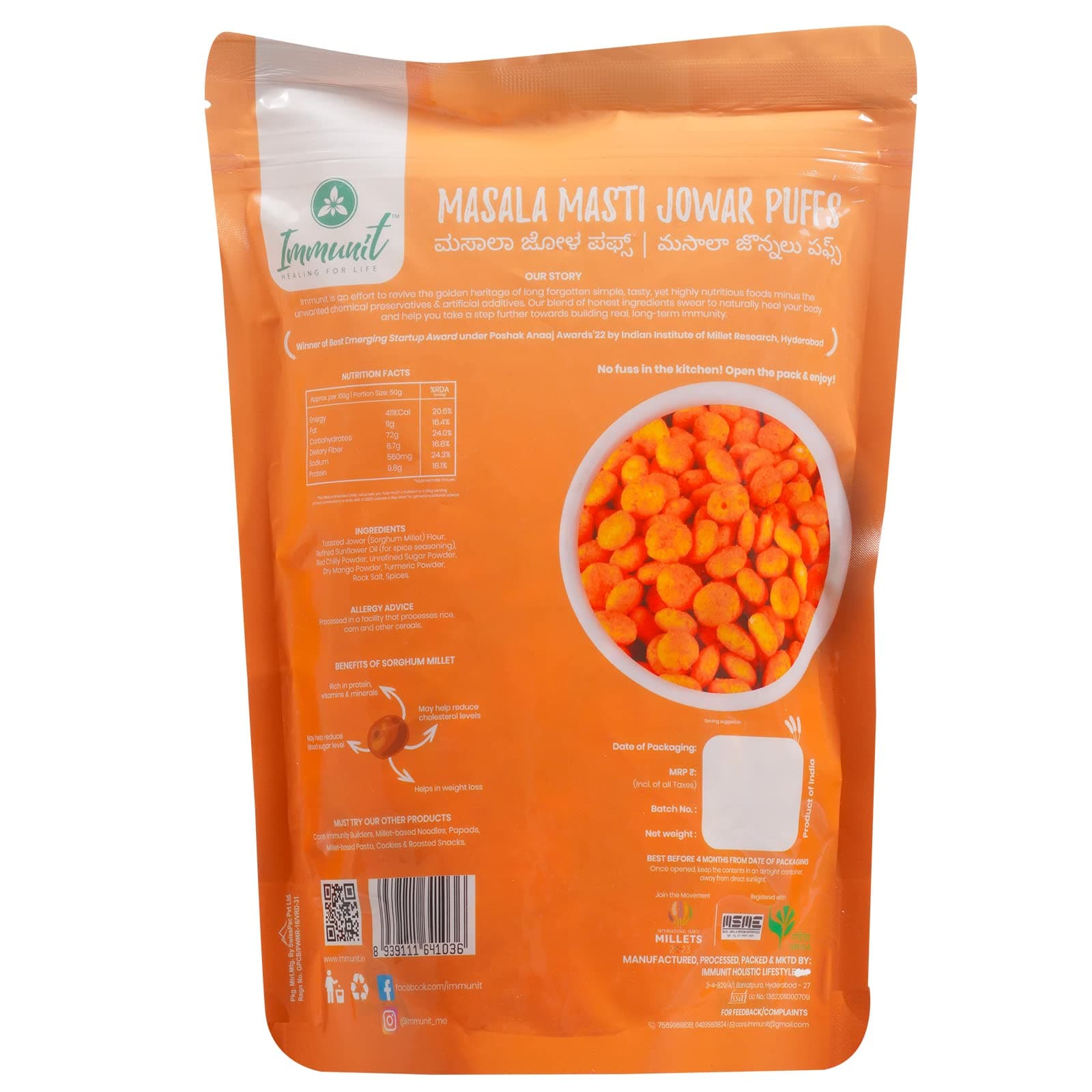 Immunit Gluten Free, Low Fat Masala Masti Jowar Puffs | Healthy & tasty office/party snack, No Preservatives, 60 Grams — image 4