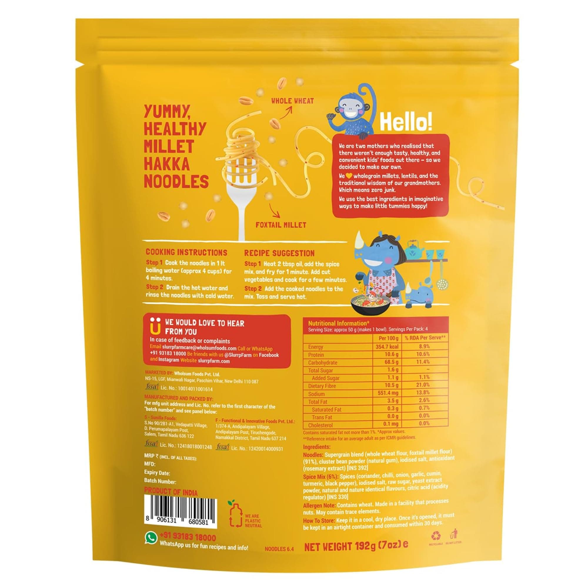 Slurrp Farm No Maida Hakka Noodles, Not Fried, No MSG, Classic Millet and Mild Millet Noodles Combo, Pack of 2, 192g Each — image 7