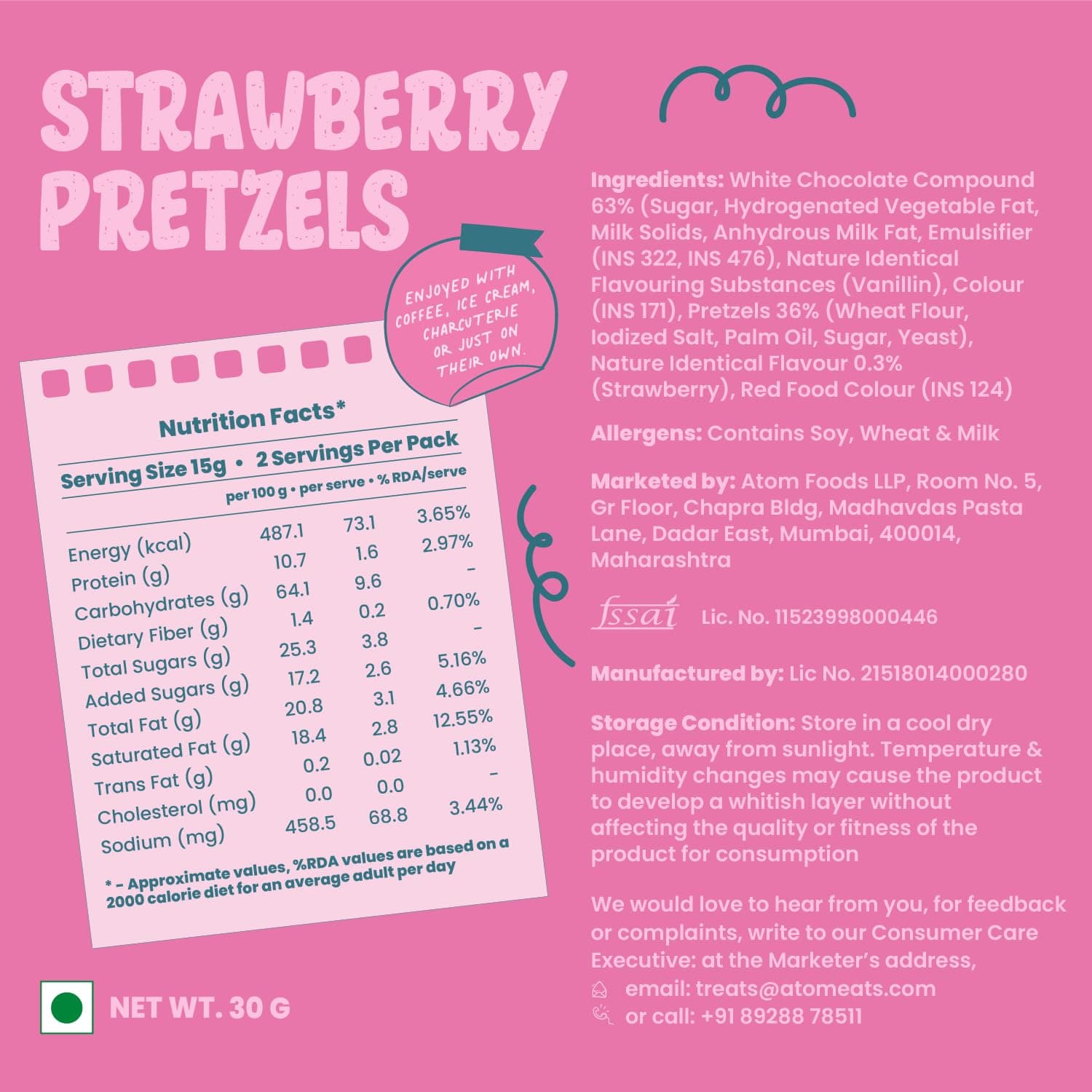Atom Eats | Strawberry Pretzels 30g | Pack of 1 | Mini Pretzel Knots | Luxurious Strawberry Flavoured , Elegant Swirls - Perfect Gourmet Snack for Coffee, Wine, and Desserts - Imported Gift Quality | 100% Baked | Preservative Free — image 2