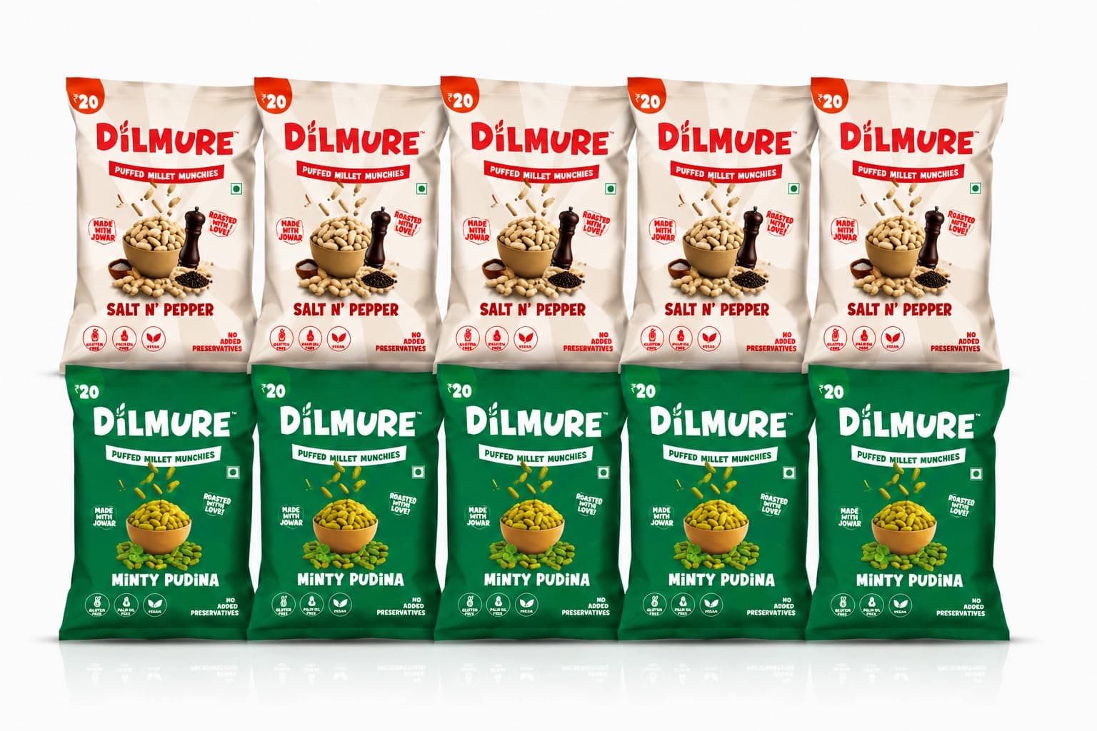 DILMURE No Onion No Garlic Jowar Millet Munchies Combo Pack – Minty Pudina & Salt n Pepper (25G Each) | Roasted Healthy Snacks | No Preservatives, No MSG, No Maltodextrin | Palm Oil Free | Zero Cholesterol, Zero Trans Fat | Gluten-Free Millet Snack (Pack of 10) — image 2