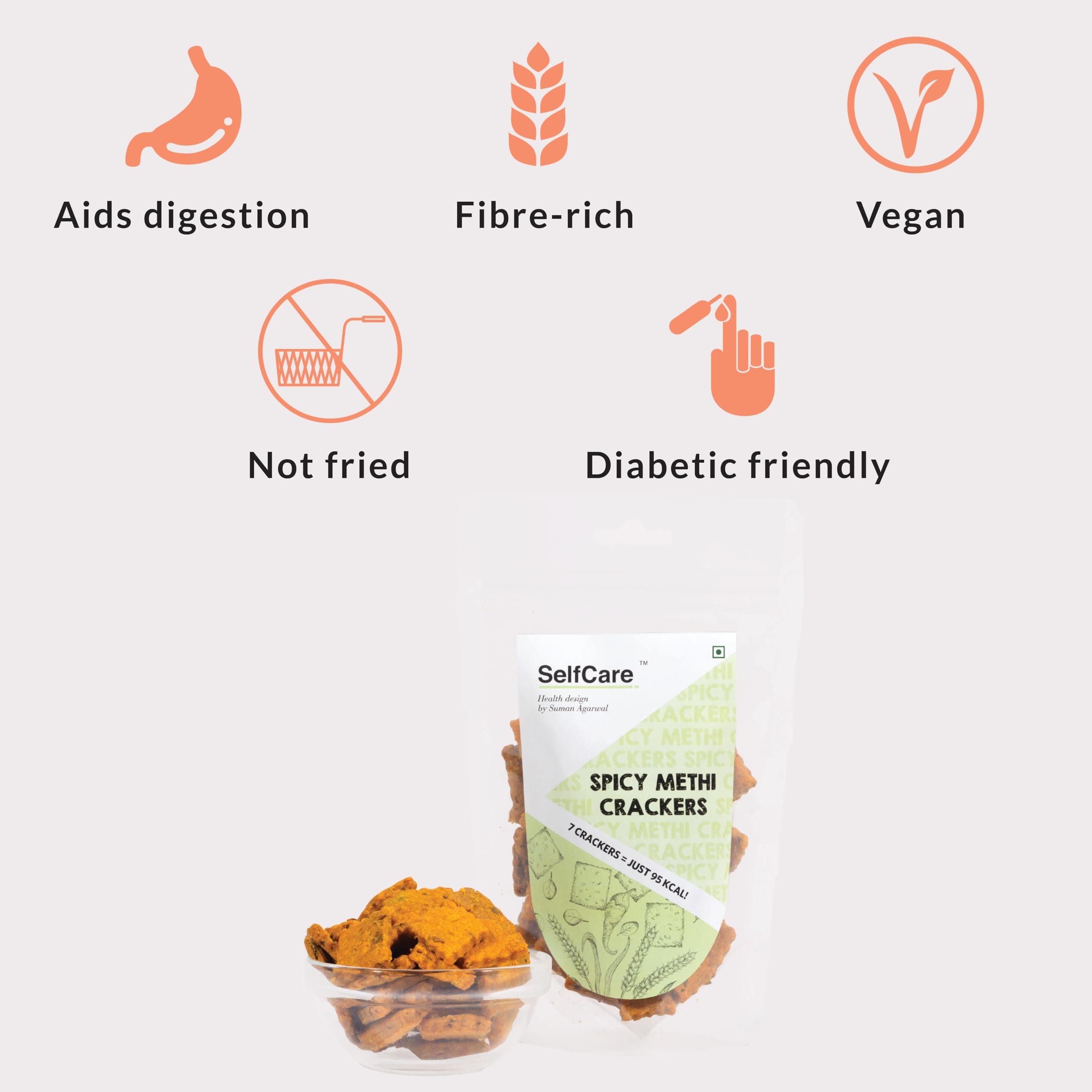SelfCare By Suman Agarwal Spicy Methi Crackers Pack of 1 125g | Bakes - Healthy - Vegan | Snacks - Namkeen - Grocery | Spicy Crunchy & Chatpata - Tea time Snacking | Jain Travel & Diabetes Friendly — image 3