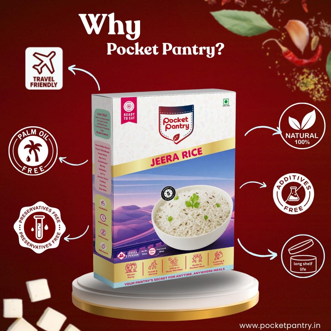 Pocket Pantry Ready to Eat Jeera Rice (Jain) | Freeze Dried |Rehydrated Wt 220gm | No Palm Oil, No Preservatives | 100% Natural | Dry Wt 80g | Serves 2 |Instant Meal — image 4
