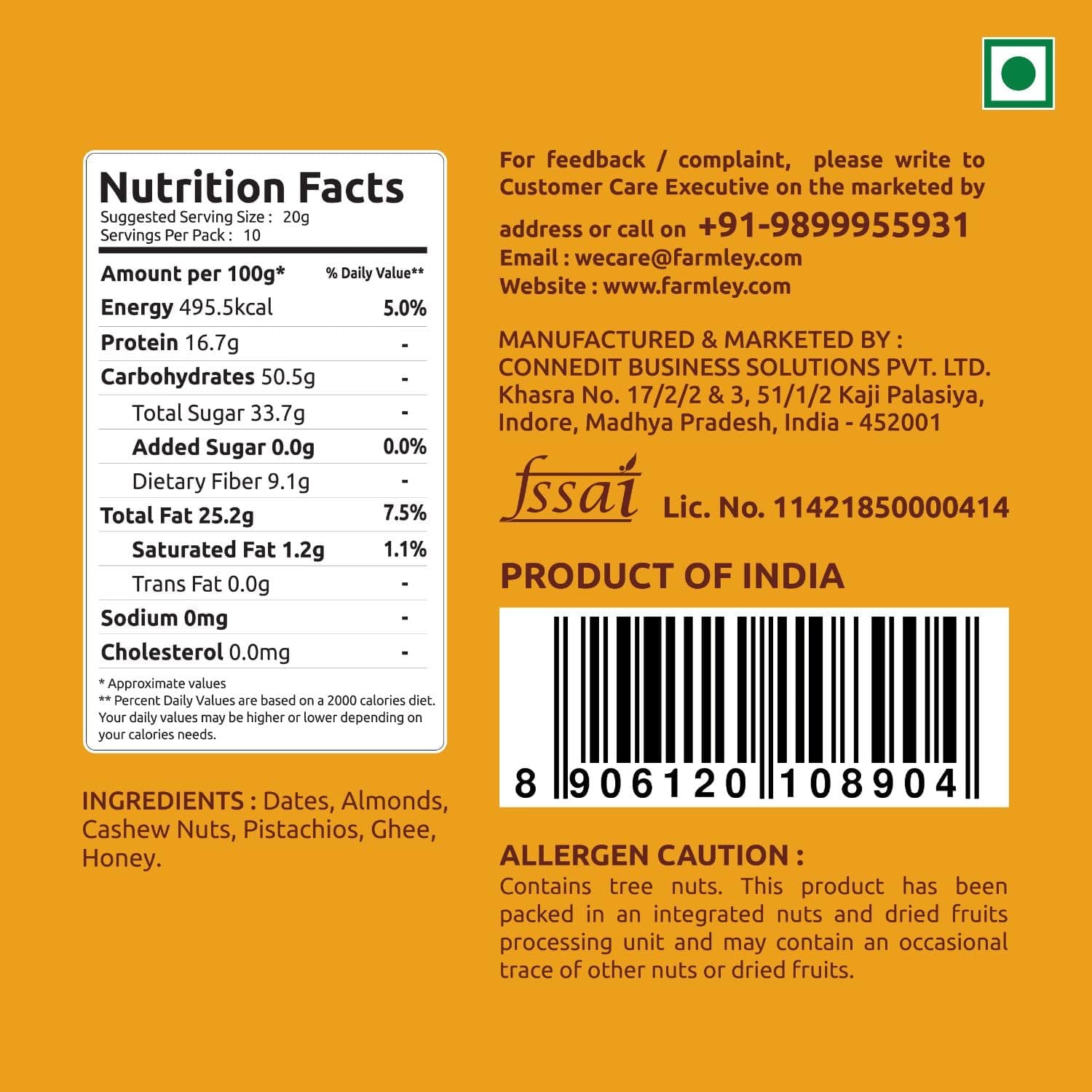Farmley Date Bites I Dates Barfi Made with Dates, Pista, Cashews, Almonds, Honey and Pure Ghee I Dry Fruits Nuts, Healthy Snacks Sweets,Gluten Free, No Added Sugar (200g, Dates Bites Jar) — image 3