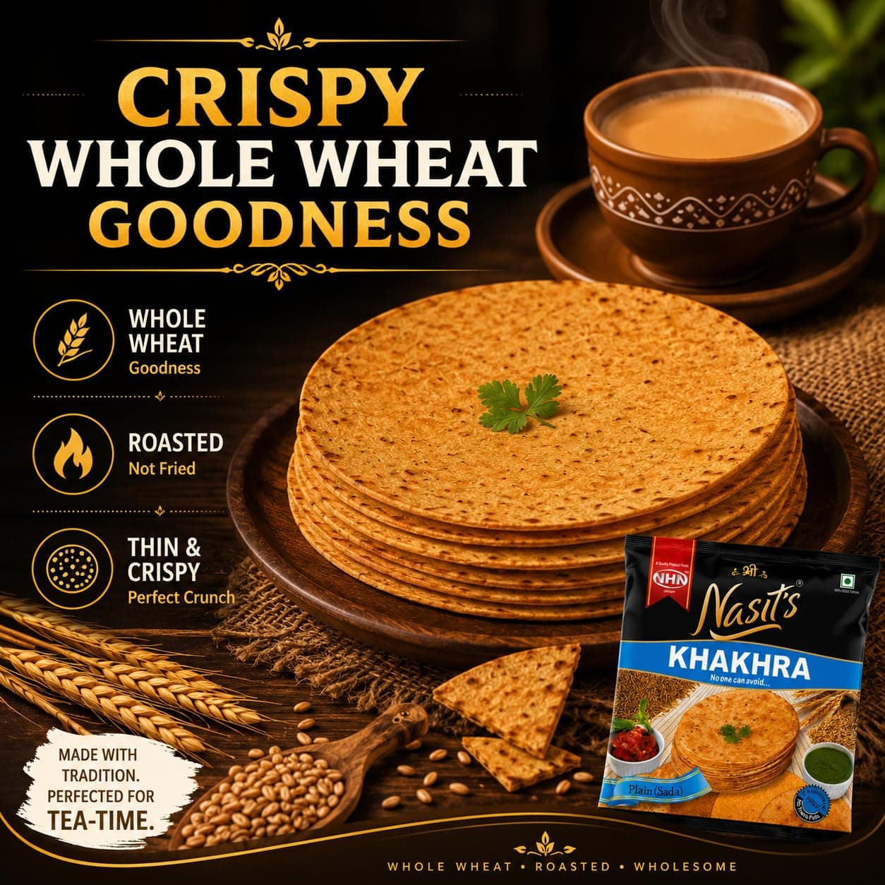 Nasit's Tea-Time Khakhra Combo Pack | Plain, Jeera, Methi & Chat Masala Flavors | Roasted Whole Wheat Gujarati Snack Assortment | 4 x 200g (800g) — image 6