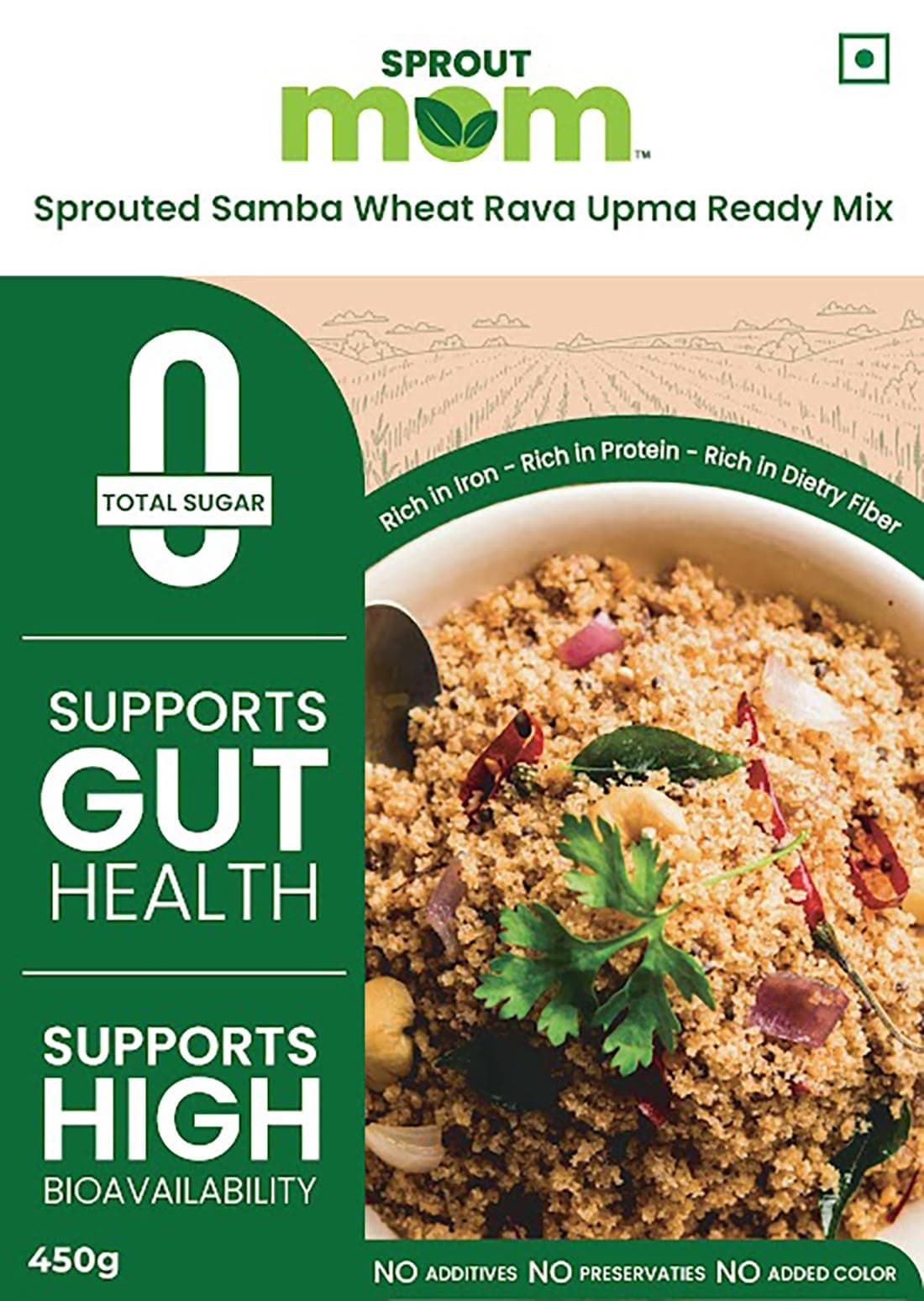 Upma Mix | Sprouted Samba Wheat Rava Instant Upma Mix | High Fibre Breakfast | Zero Added Sugar | 450g | Sprout Mom