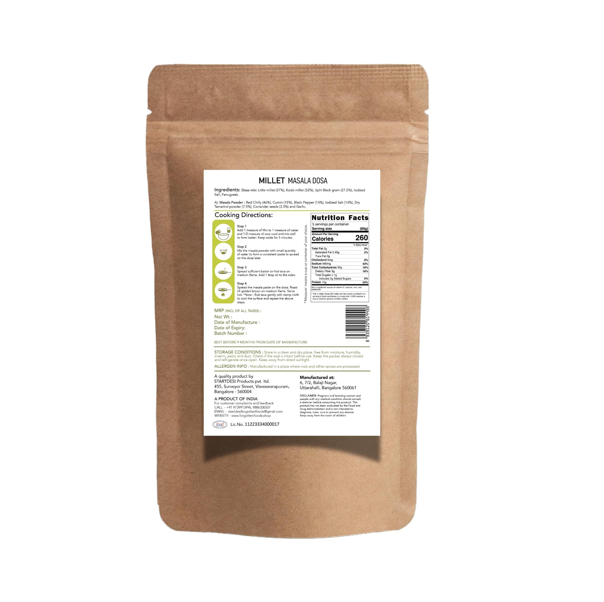 Forgotten Foods Millet Masala Dosa 400g - Wheat Free Instant Dosa Mix with Kodo and Little Millets - High Fiber, Plant Proteins, Low GI, No Soda, No Preservatives - Makes 15 Dosas, Serves 5 — image 2