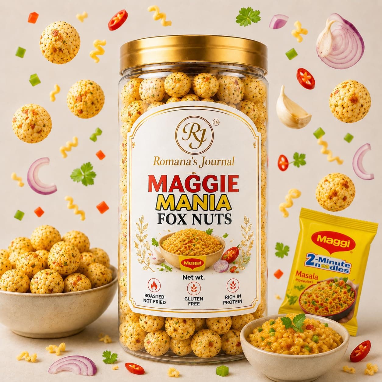 Romana's Journal Roasted Makhana (Fox Nuts) Snack | Crunchy & Flavorful Roasted Lotus Seeds | Multiple Flavor Options Available | Light Everyday Snacking Choice | Tea Time, Travel & Office Snack | Carefully Roasted (Masala Mania) — image 3