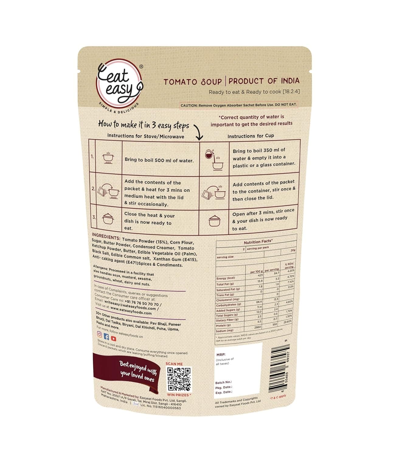 Eat Easy Ready To Eat Tomato Soup 40 gram I Just Add Water and Cook I Healthy Instant Tomato Soup Packet for Travel, Camping or Trekking Meal, Hostel Students I Freeze Dehydrated Organic Soup I No Preservatives — image 2
