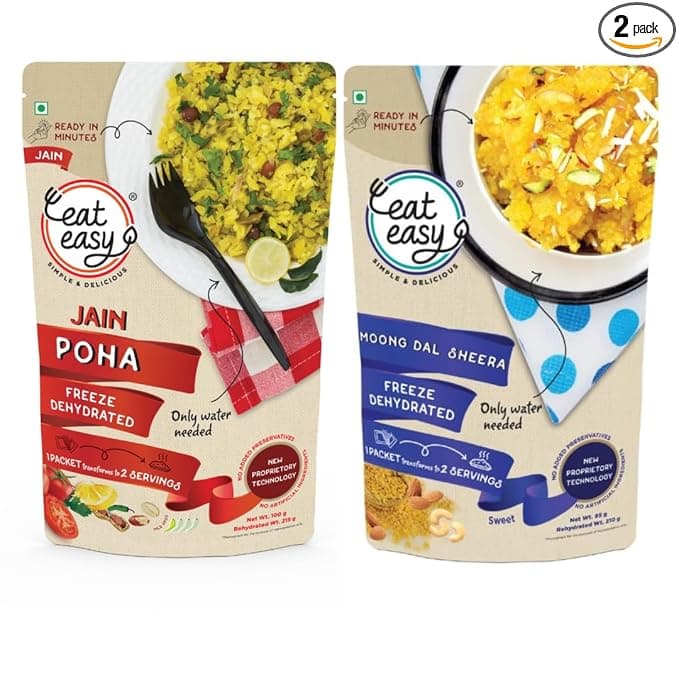 Eat Easy Ready To Eat Jain Poha & Moongdal Sheera Combo | Just Add Water and Cook | Freeze Dehydrated, Instant Healthy & Delicious Poha & Dessert for Travel, Hostel, Trekking, Camping, Hiking