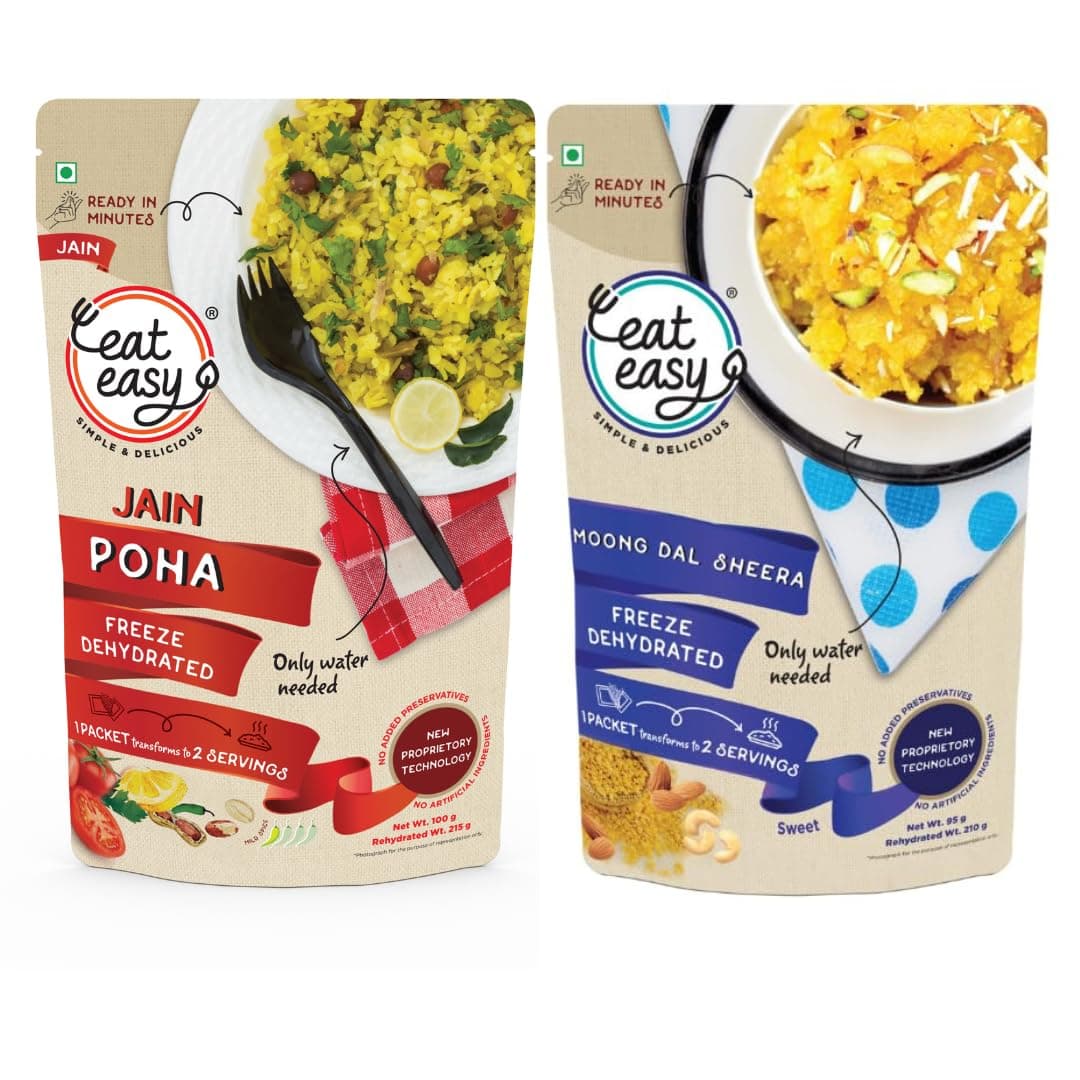 Eat Easy Ready To Eat Jain Poha & Moongdal Sheera Combo | Just Add Water and Cook | Freeze Dehydrated, Instant Healthy & Delicious Poha & Dessert for Travel, Hostel, Trekking, Camping, Hiking — image 2