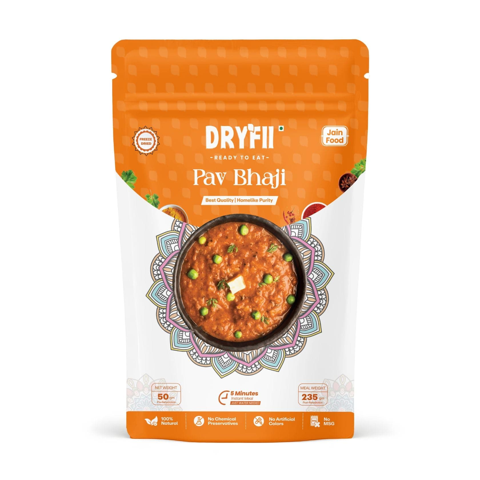 Dryfii Ready-to-Eat Instant Jain Pav Bhaji | Pure Veg | Freeze Dried | No Onion, No Garlic | Breakfast Meal | Rehydrated Weight 235 g